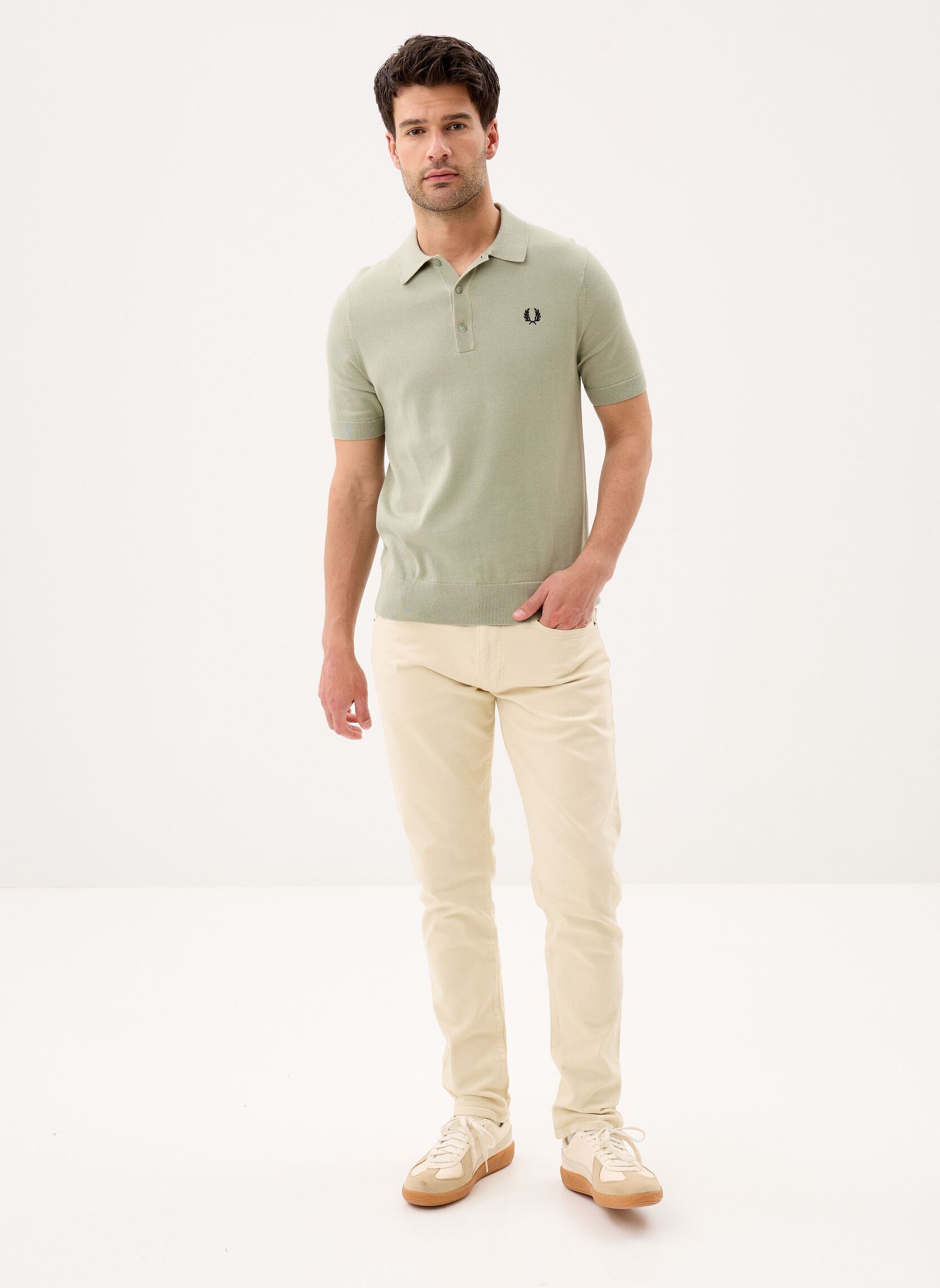 Polos manches courtes COTTON KNITTED SHIRT homme beige Fred Perry Polos manches courtes COTTON KNITTED SHIRT homme beige SEAGRASS