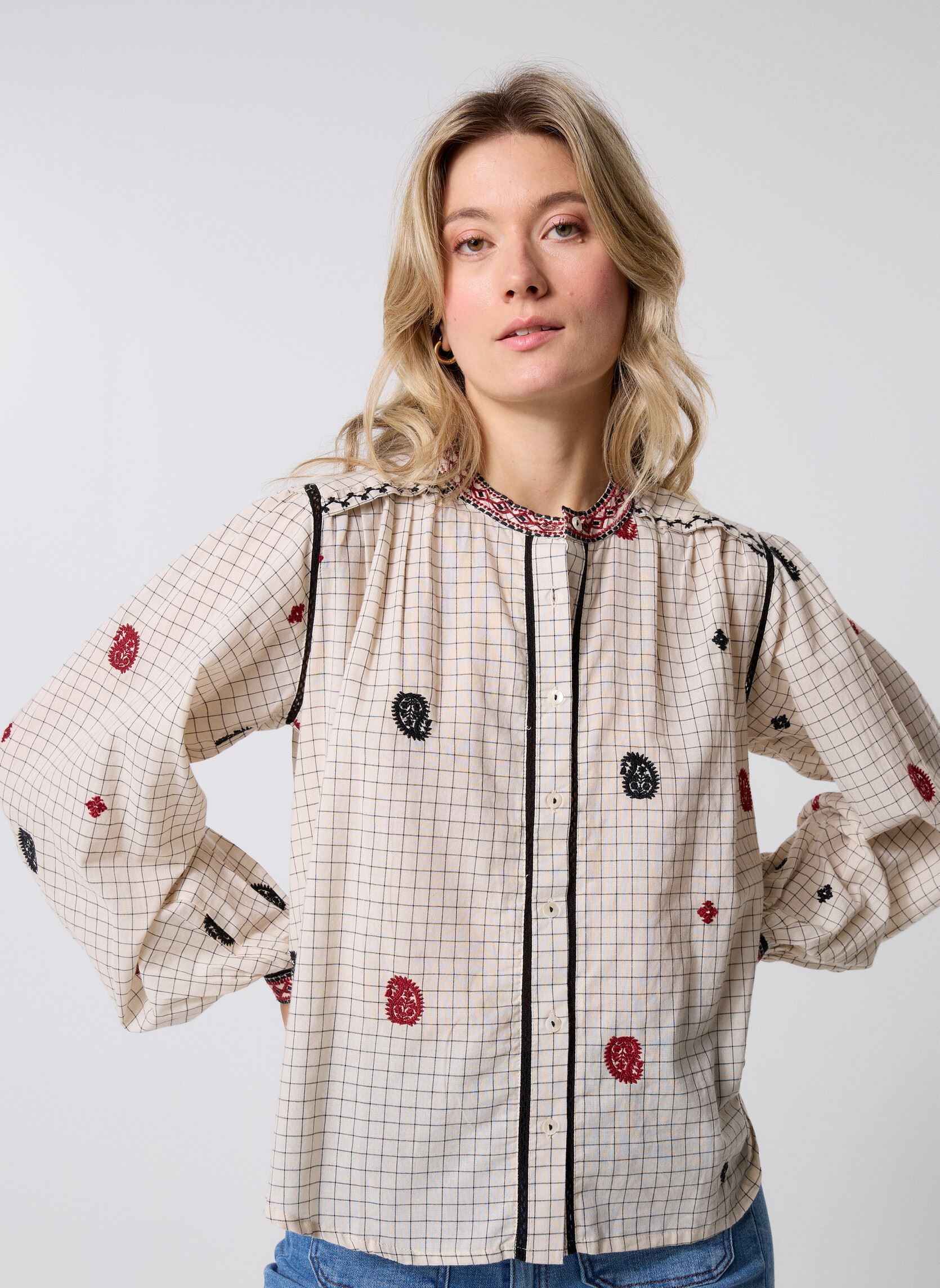 Langarm-Blusen Colette damen weiß Maison Hotel Langarm-Blusen Colette damen weiß Ivory Checks