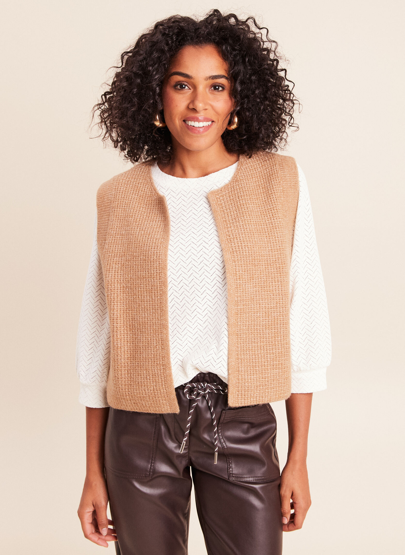 Lot 3 Pièces Femme : 2 Pulls + 1 Gilet En Laine Marron - Taille 48/50 - Occasion