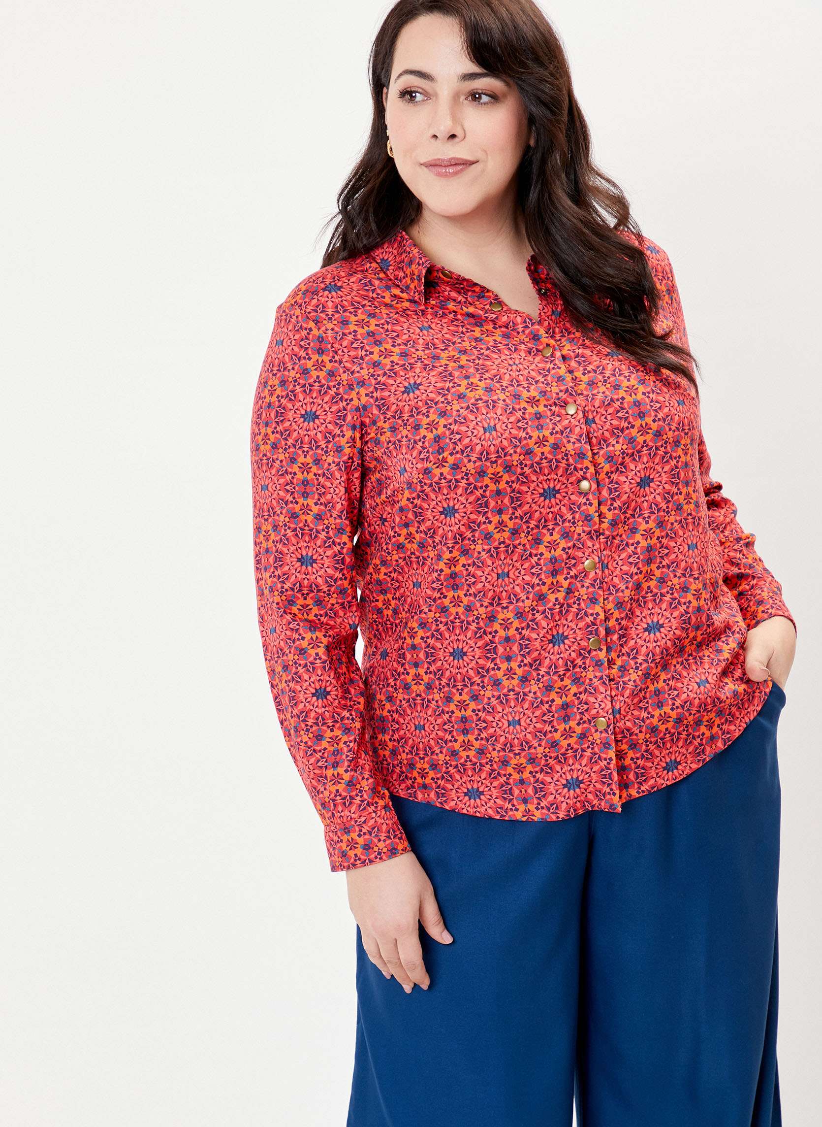 Chemisier Femme East 5th Taille M - En Polyester Stretch Fluide, Motif Géométrique Multicolore