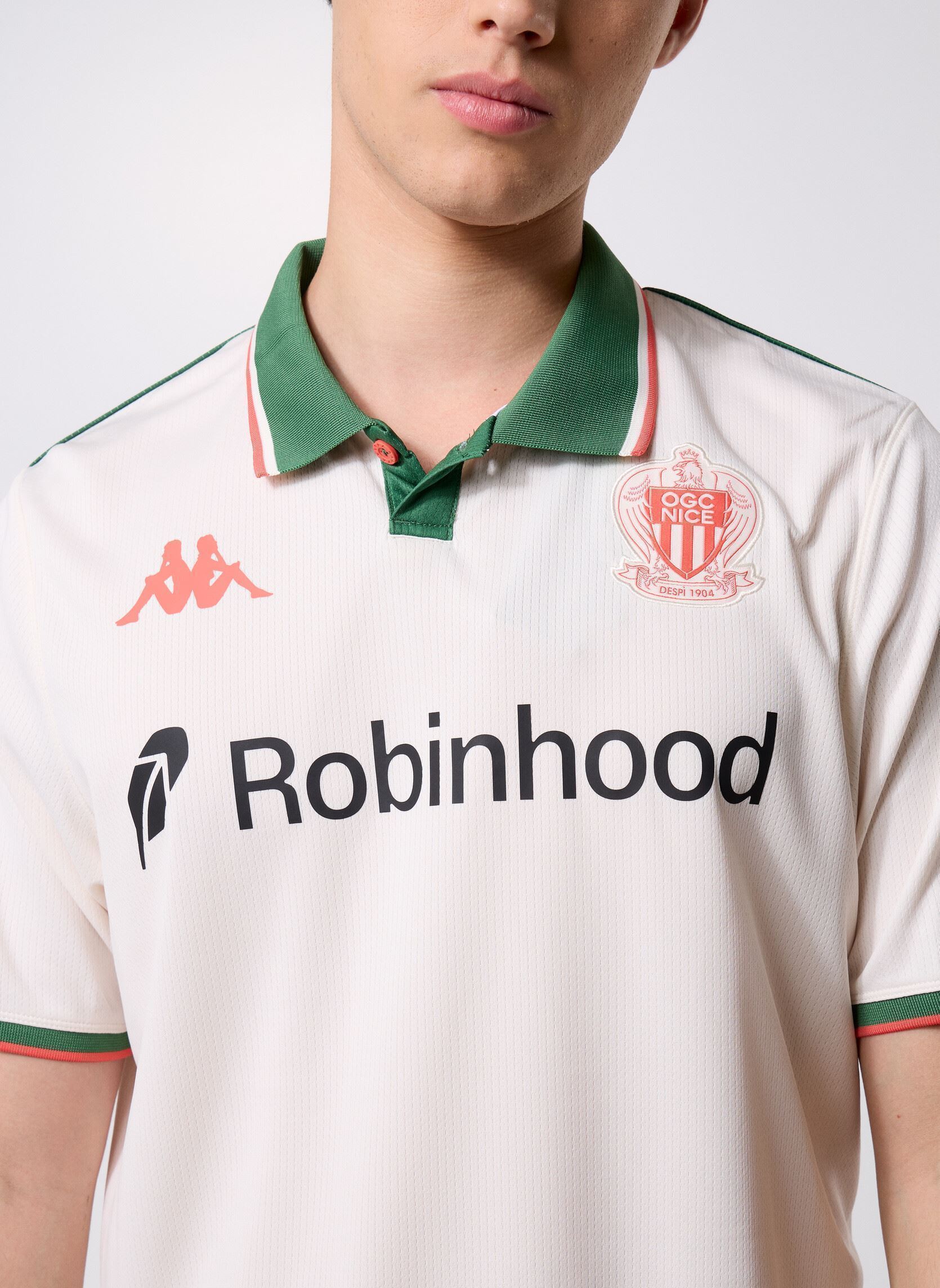 Korte mouwen polo's Kombat 2026 Away Ogc Nice heren wit Kappa Korte mouwen polo's Kombat 2026 Away Ogc Nice heren wit White Vanilla-Green Artichoke-