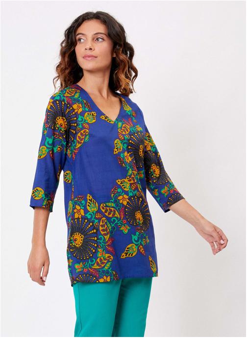 La Fiancée Blouses Tunique imprimée voile de coton bio LAURIE femme bleu