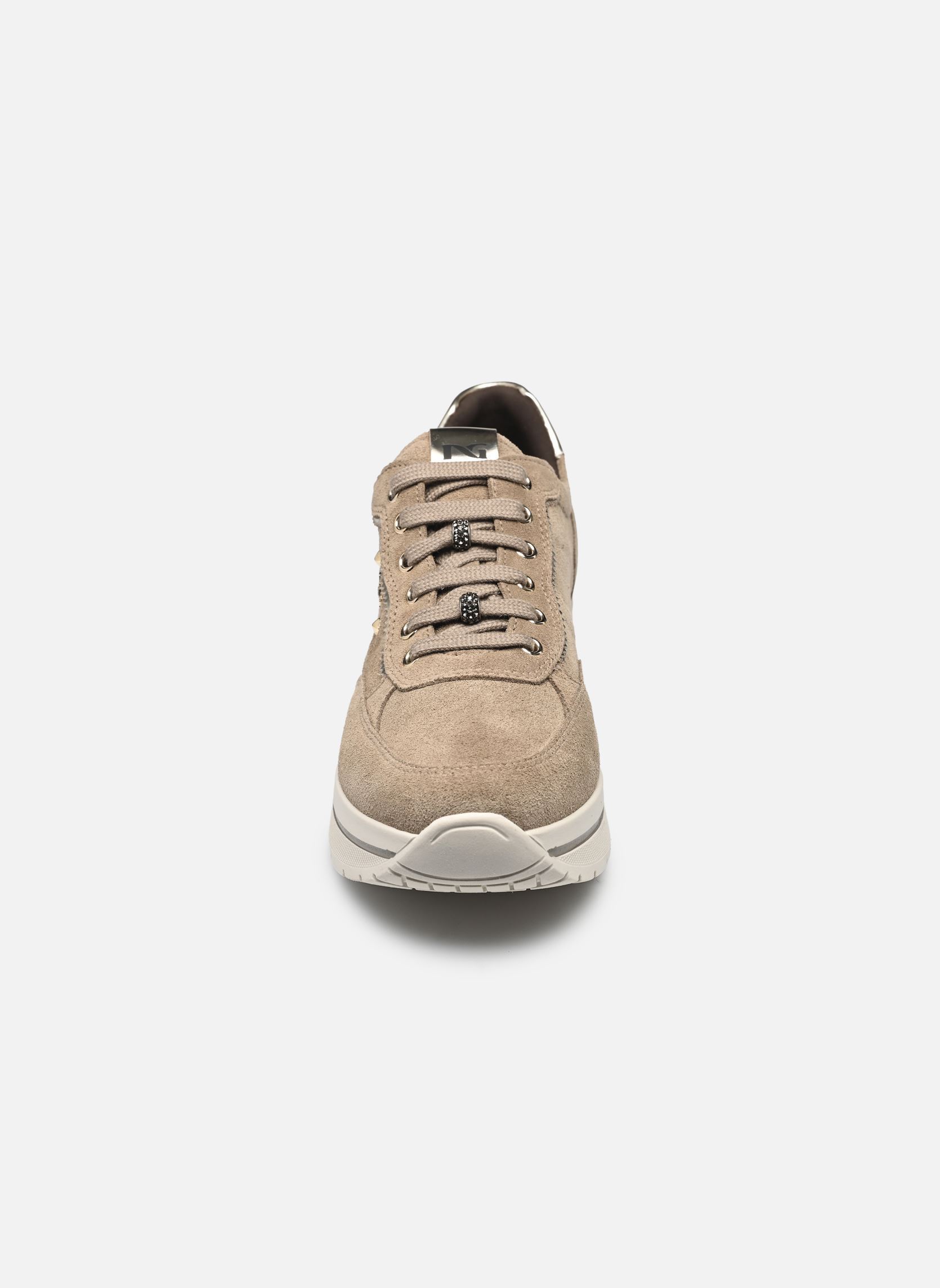 Nero Giardini Sneakers Donna In Camoscio Tortora: Zeppa 4,5cm Con Dettagli Gioiello Rimovibili