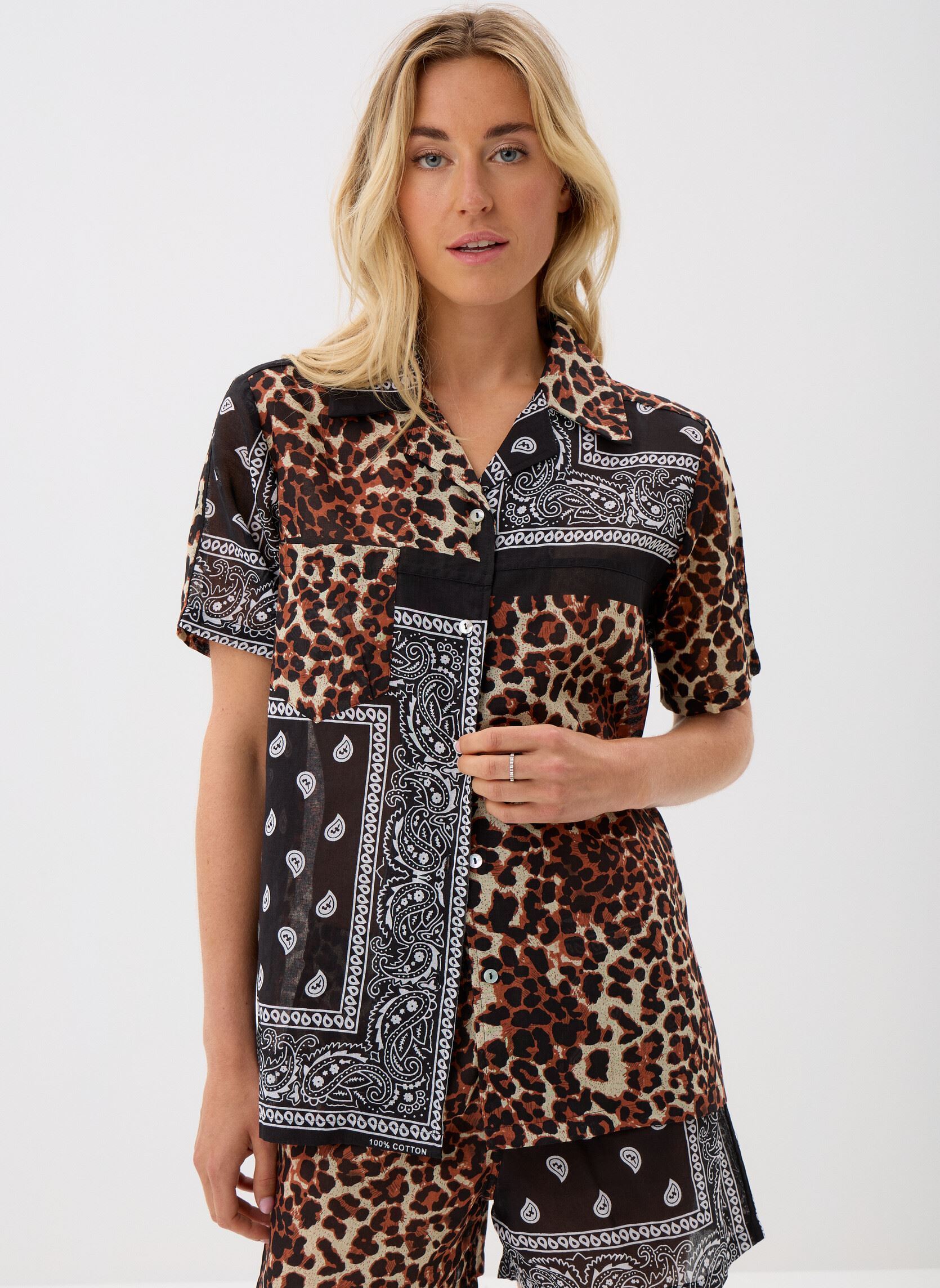 Kurzarm-Hemden Bandana Shirt Leopard Black damen braun Arizona Love Kurzarm-Hemden Bandana Shirt Leopard Black damen braun Leo black