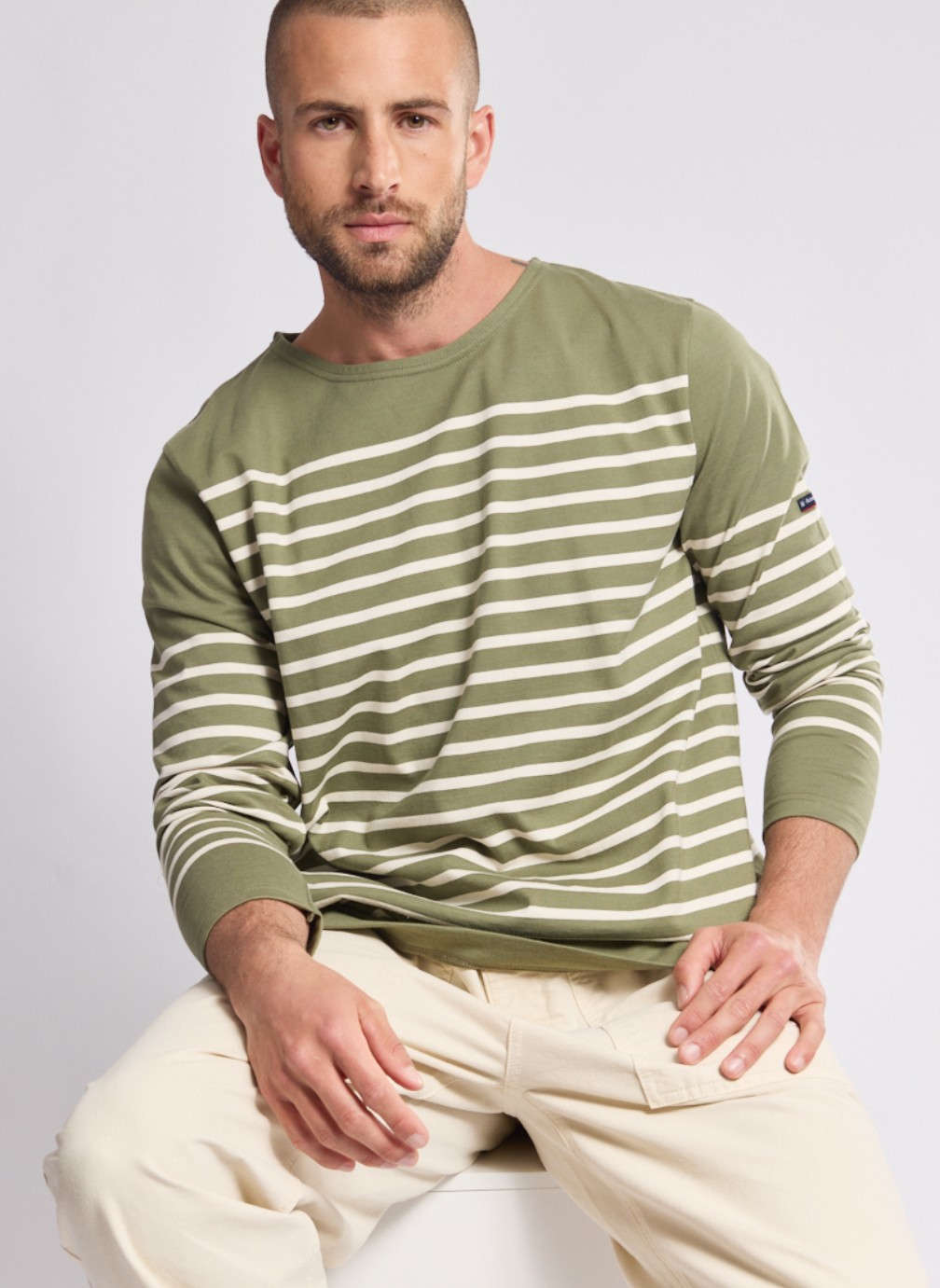 Armor-lux Callac Héritage Stripe T-Shirt Pale Olive/Milk Hos
