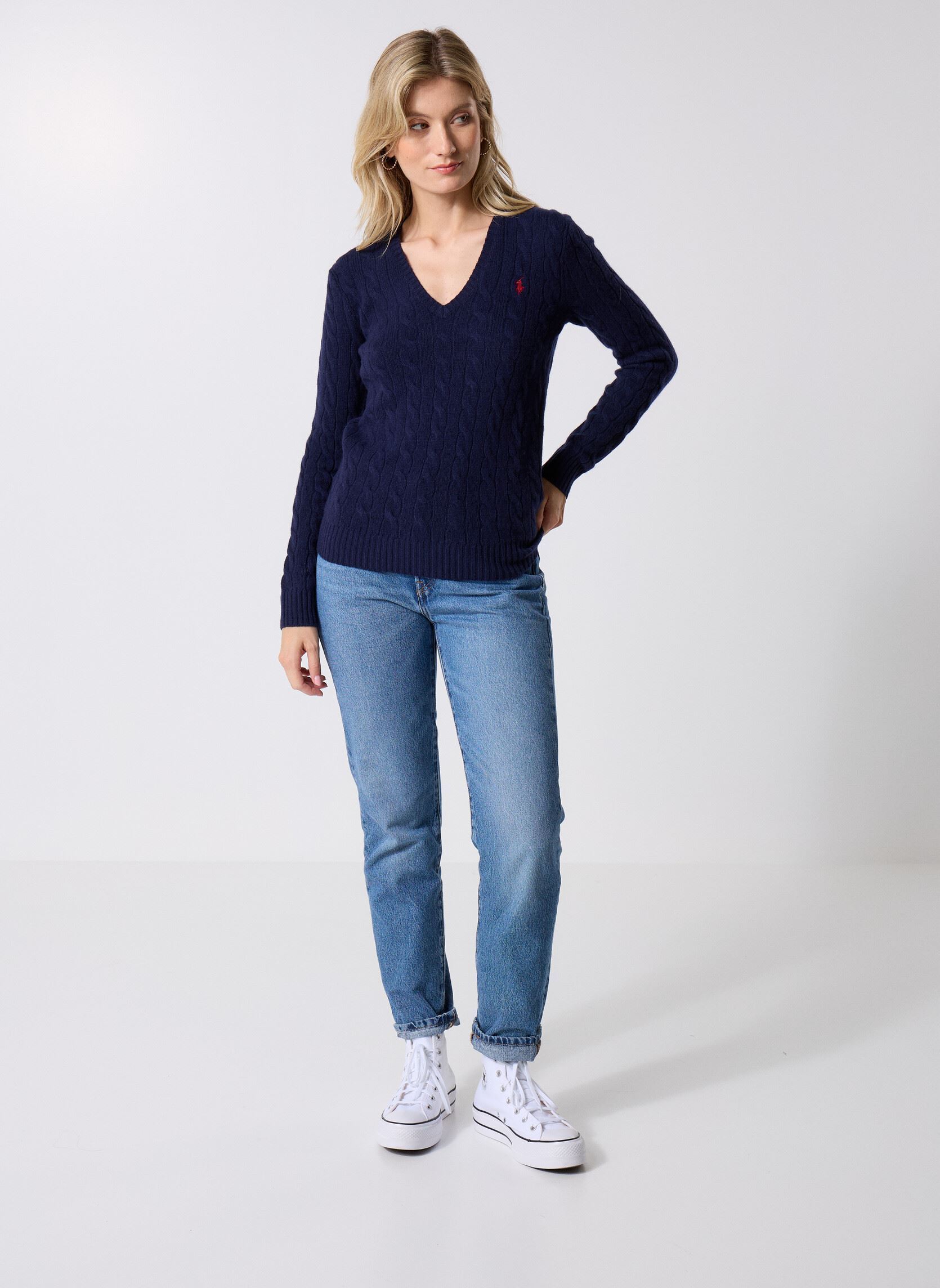 Pulls Pull torsadé à col V en coton femme bleu Polo Ralph Lauren Pulls Pull torsadé à col V en coton femme bleu HUNTER NAVY HN