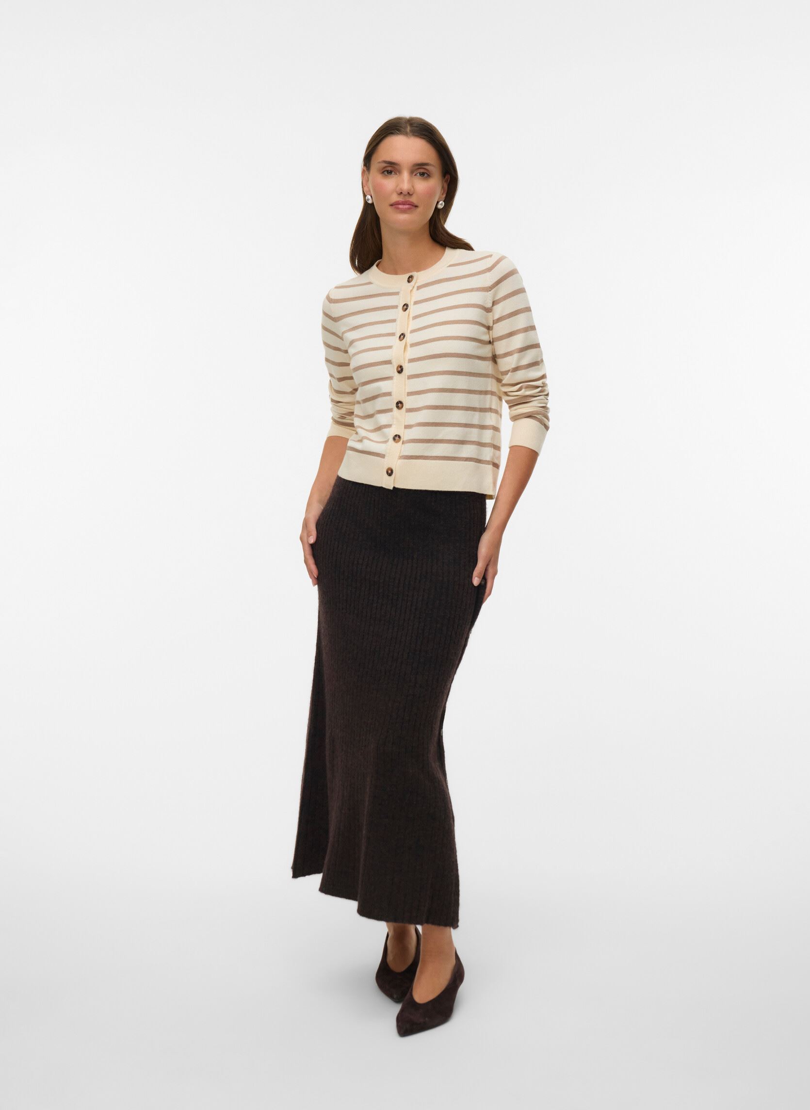 Vesten VMSABA PLAIN LS O-NECK CARDIGAN NOOS dames beige Vero Moda Vesten VMSABA PLAIN LS O-NECK CARDIGAN NOOS dames beige Birch Stripes:SILVER MINK