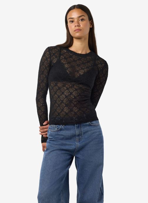 Noisy May T-shirts met lange mouwen NMJUDITH L/S LACE TOP NOOS dames zwart