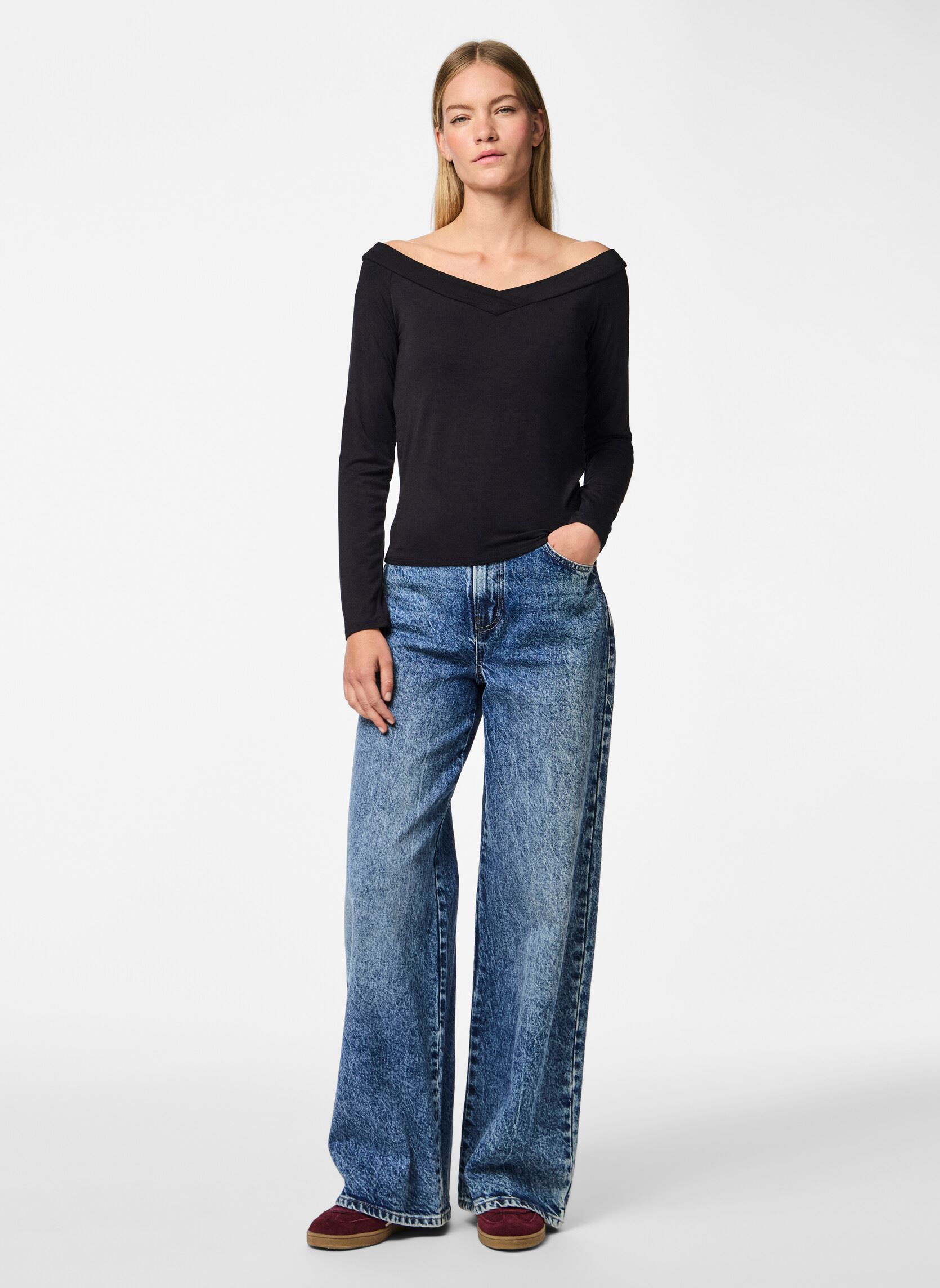PIECES Top PCMALIVA Donna - Maniche Lunghe, Scollo A V Doppio, Elasticizzato, Vestibilità Regolare, Nero
