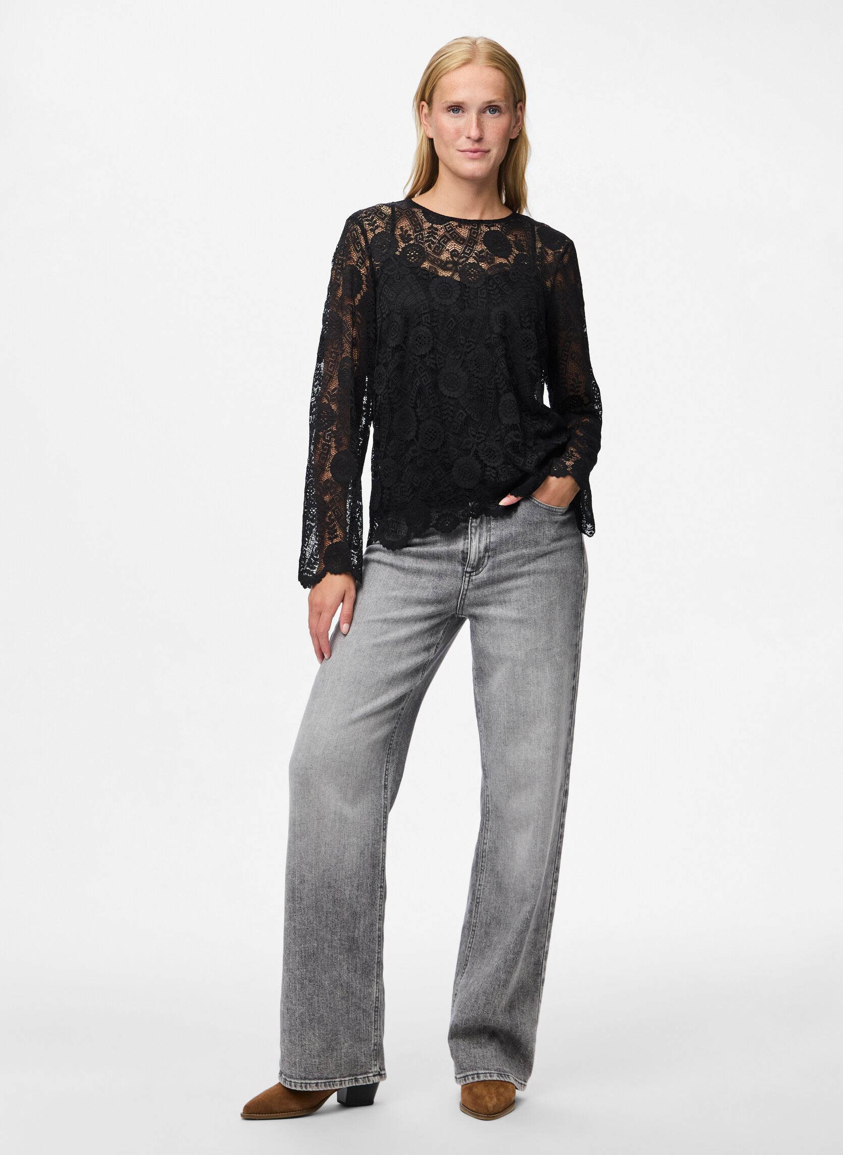Langarm-Blusen Pcolline Ls Lace O-Neck Top Wvn Noos damen schwarz Pieces Langarm-Blusen Pcolline Ls Lace O-Neck Top Wvn Noos damen schwarz BLACK