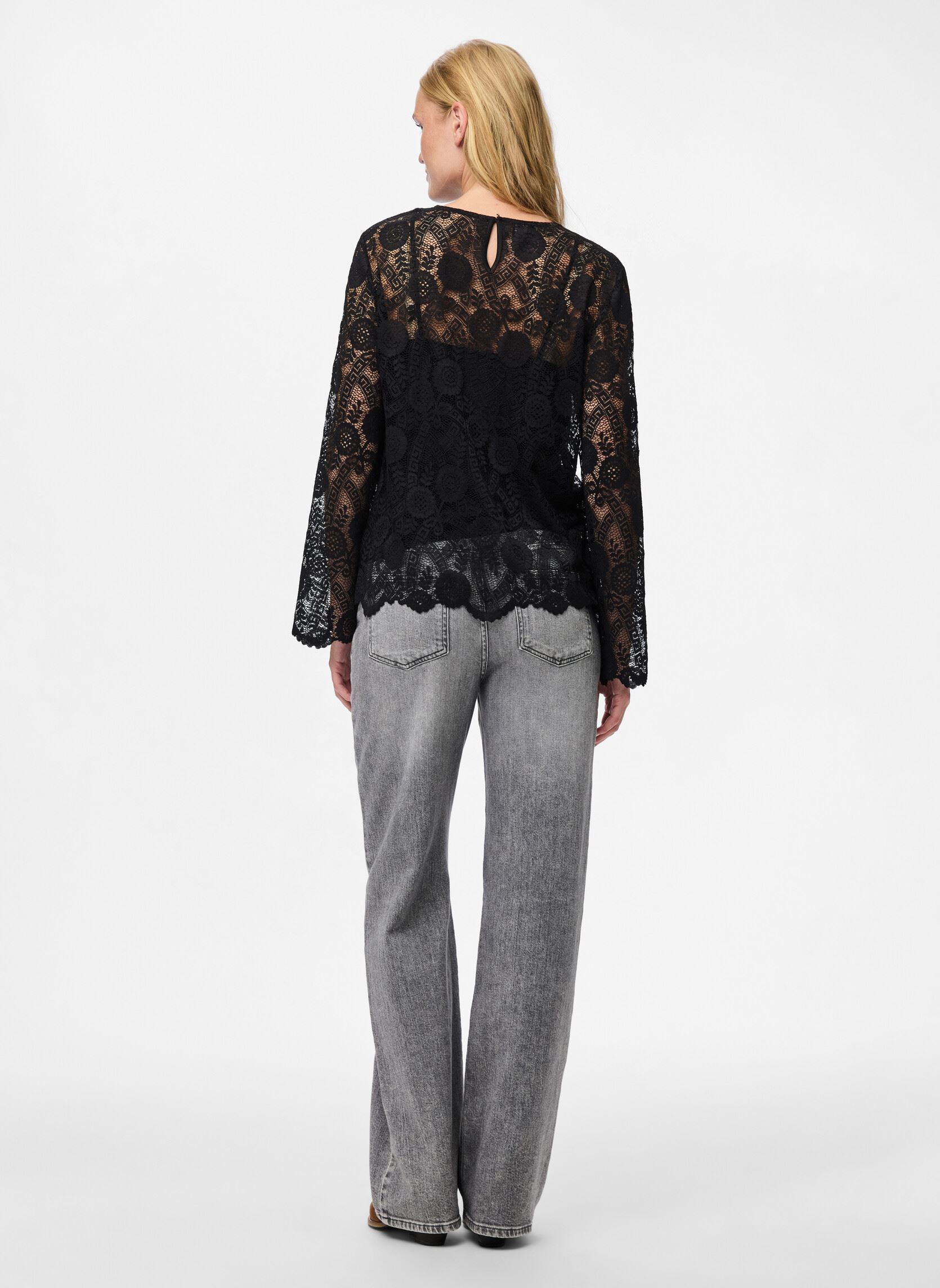 Langarm-Blusen Pcolline Ls Lace O-Neck Top Wvn Noos damen schwarz Pieces Langarm-Blusen Pcolline Ls Lace O-Neck Top Wvn Noos damen schwarz BLACK