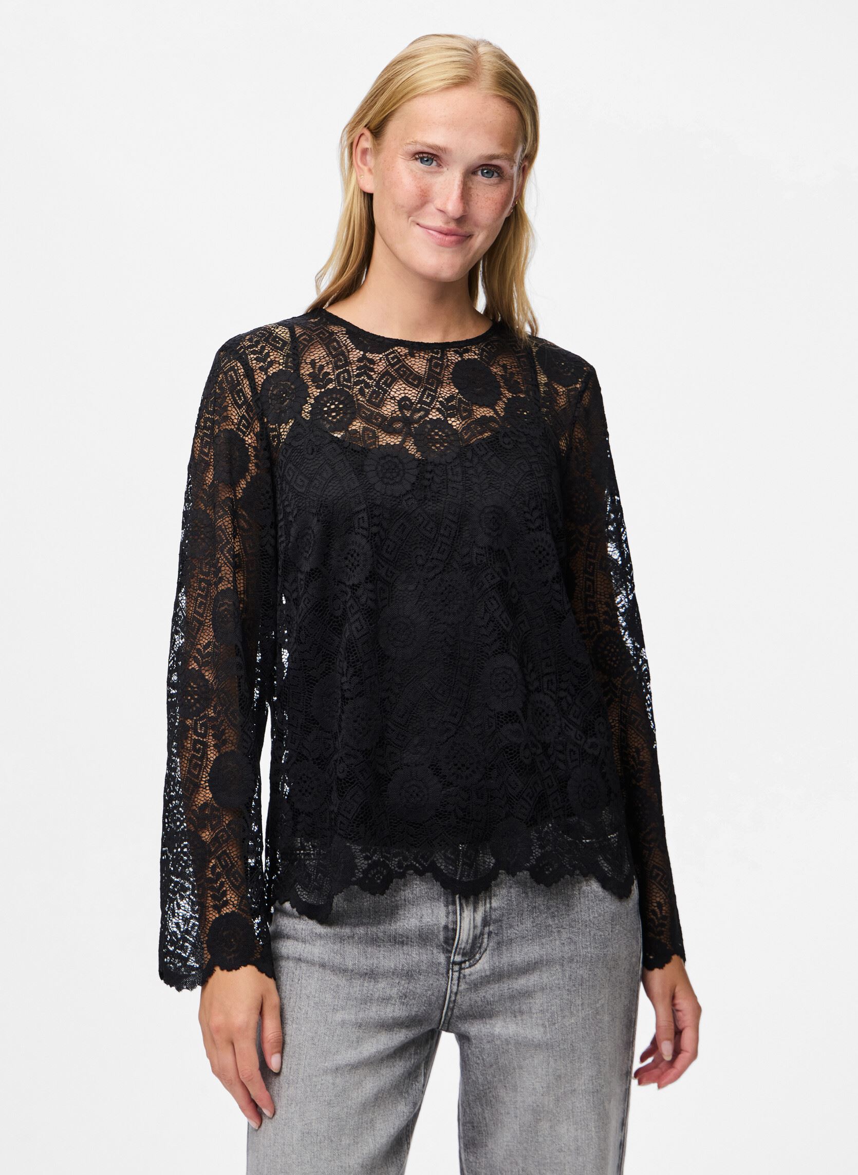 Langarm-Blusen Pcolline Ls Lace O-Neck Top Wvn Noos damen schwarz Pieces Langarm-Blusen Pcolline Ls Lace O-Neck Top Wvn Noos damen schwarz BLACK