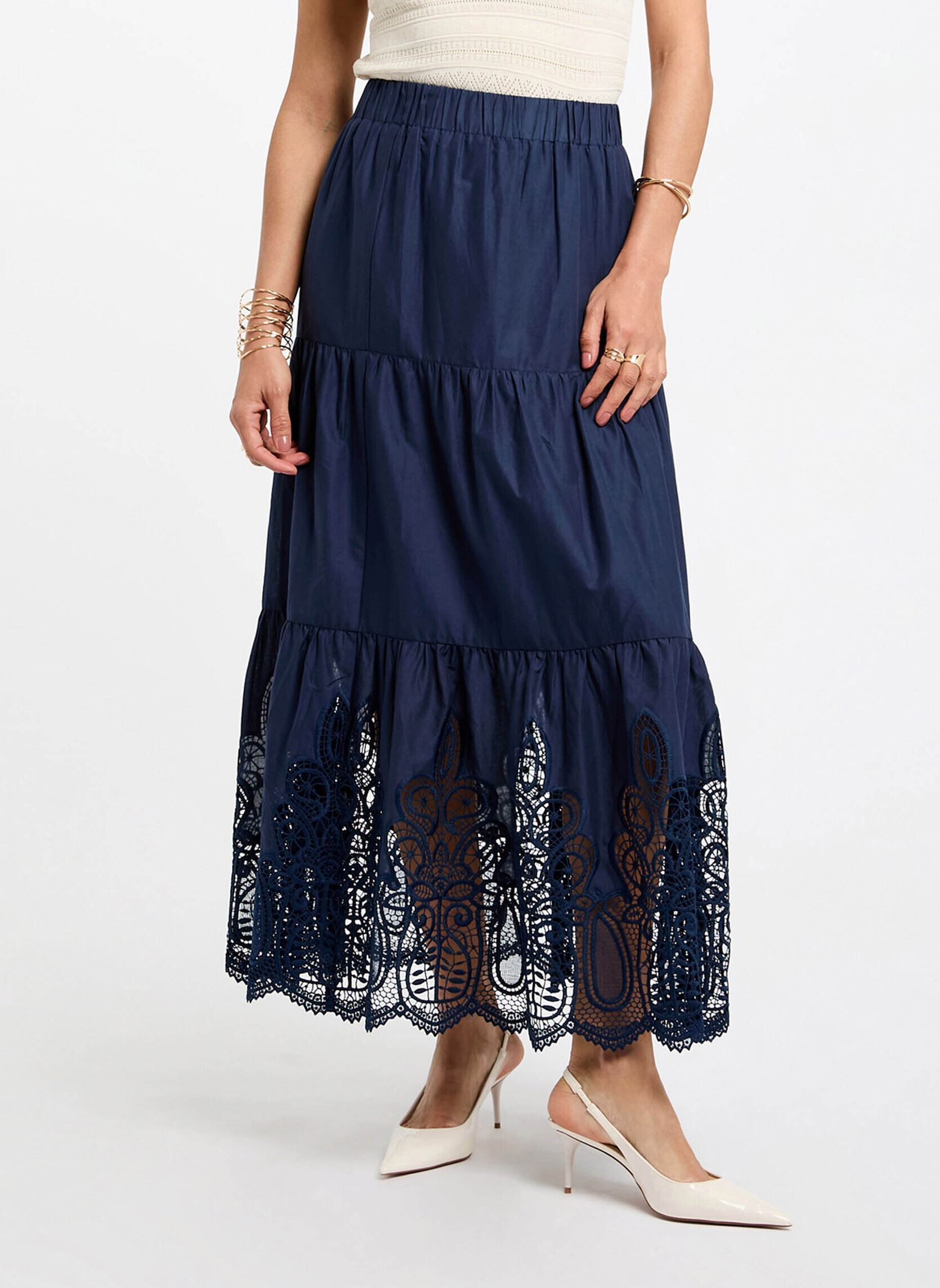 Jupe longue détail dentelle pétrole femme