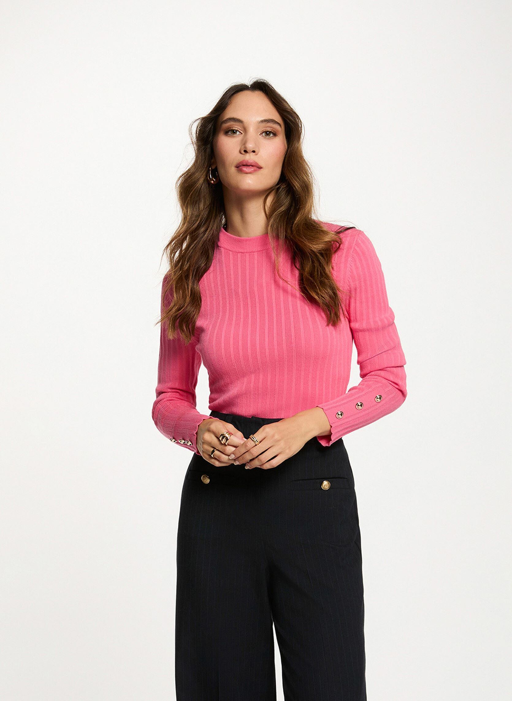 Pull ajusté col cheminée fushia femme - vue 2