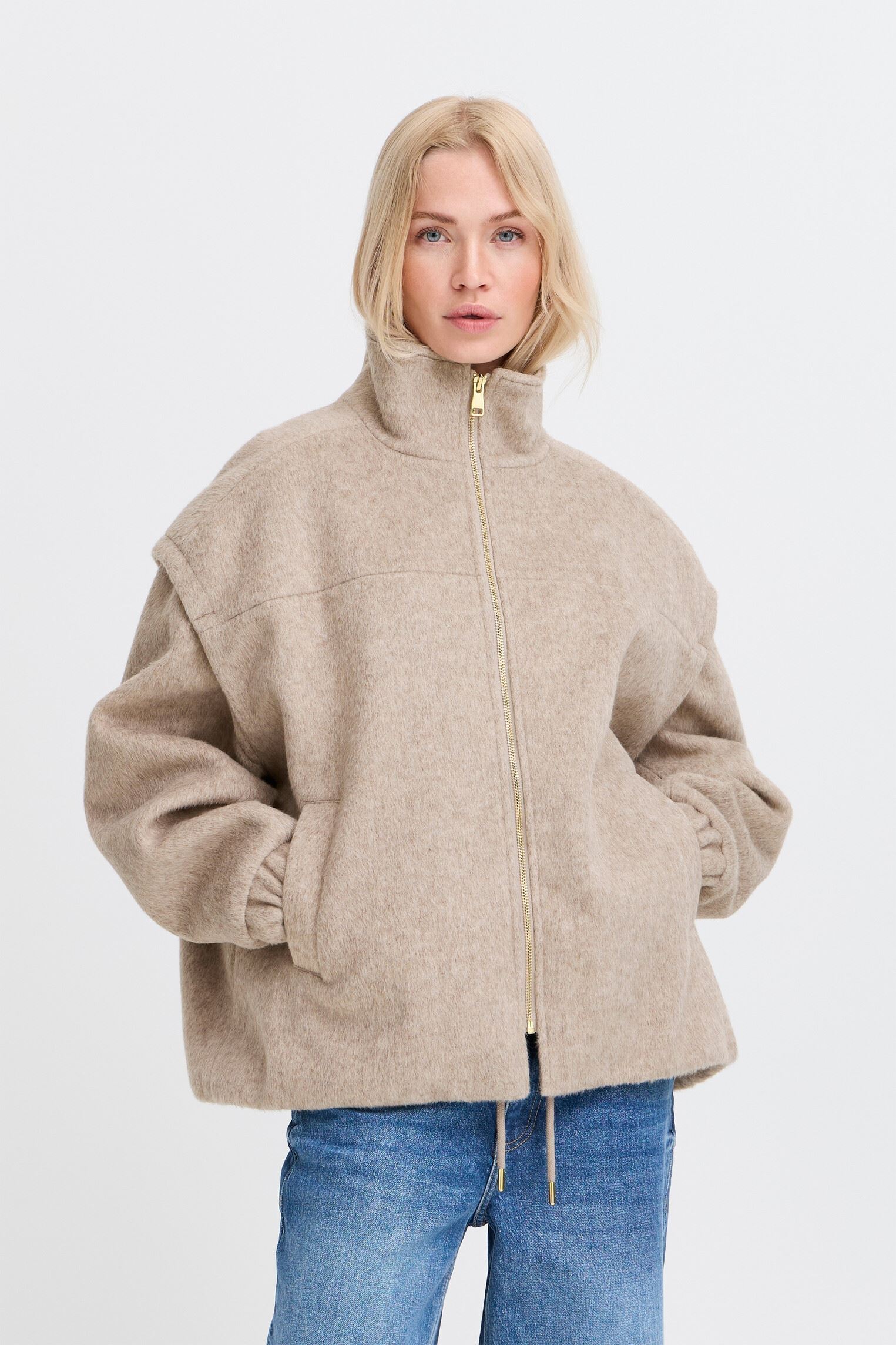 Fleece truien BYBECILA JACKET dames beige B-Young Fleece truien BYBECILA JACKET dames beige String Melange