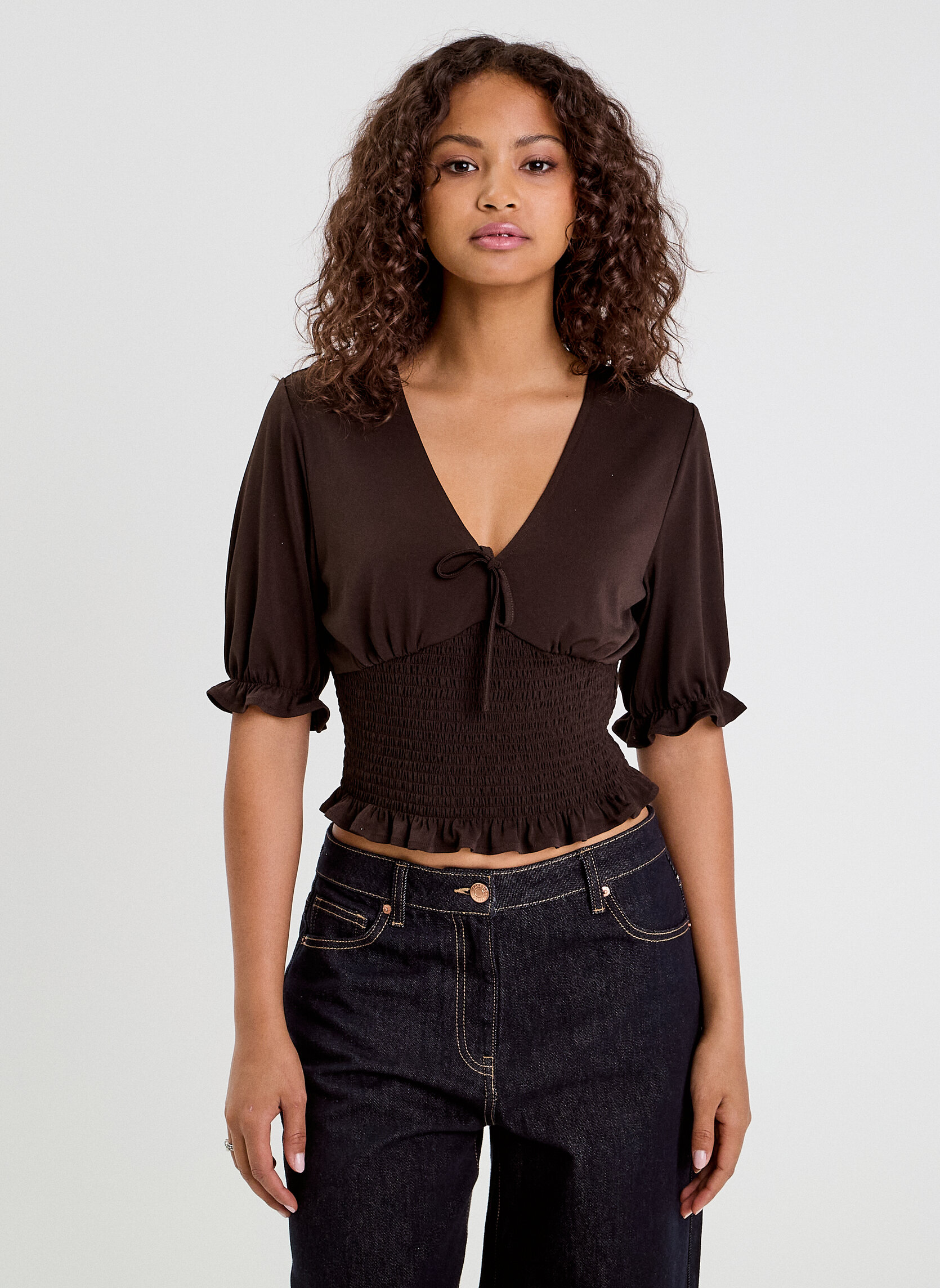 Haut Marron Manches Courtes AB Studio - Taille L Pour Femme, Occasion Très Bon état