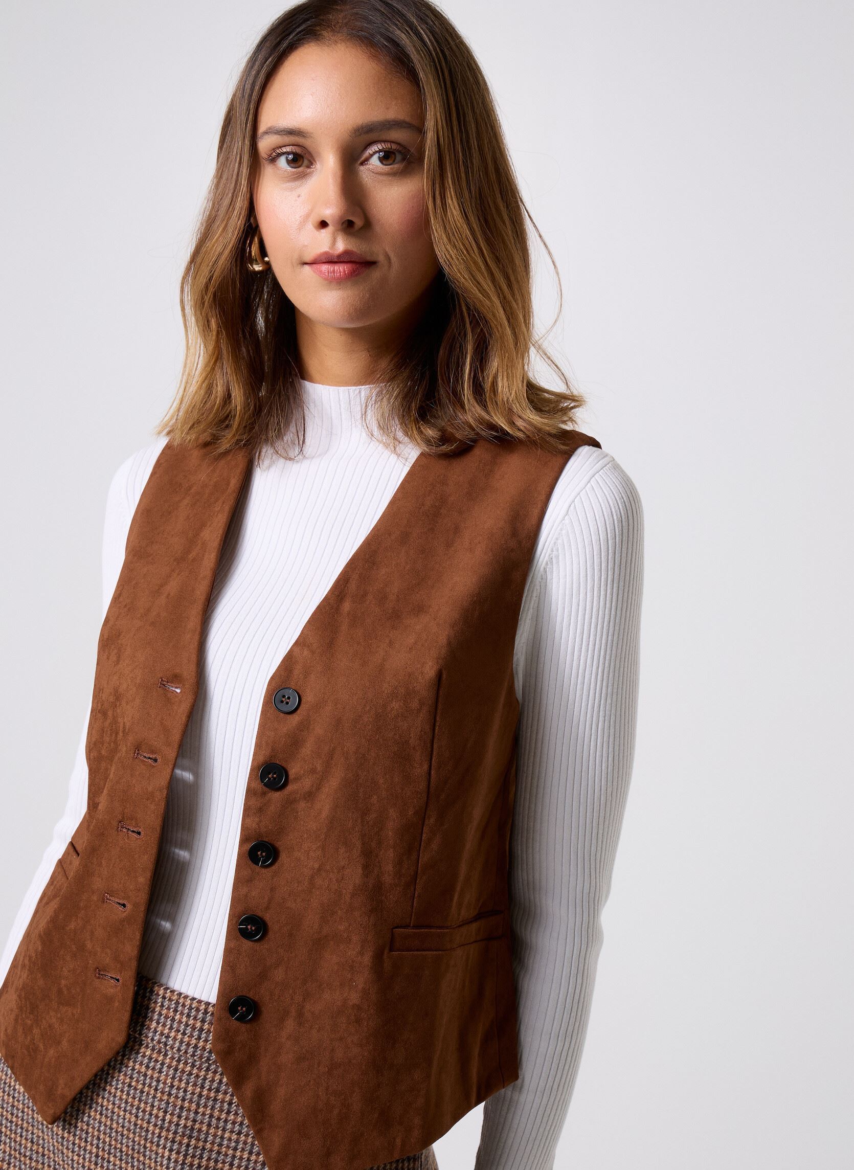 MDM Gilet Da Donna In Vera Pelle Bovina, Taglio Slim, Nero/marrone, Taglia M, Con Fodera Interna E 5 Tasche, Chiusura Con 3 Fibbie In Ottone - 4