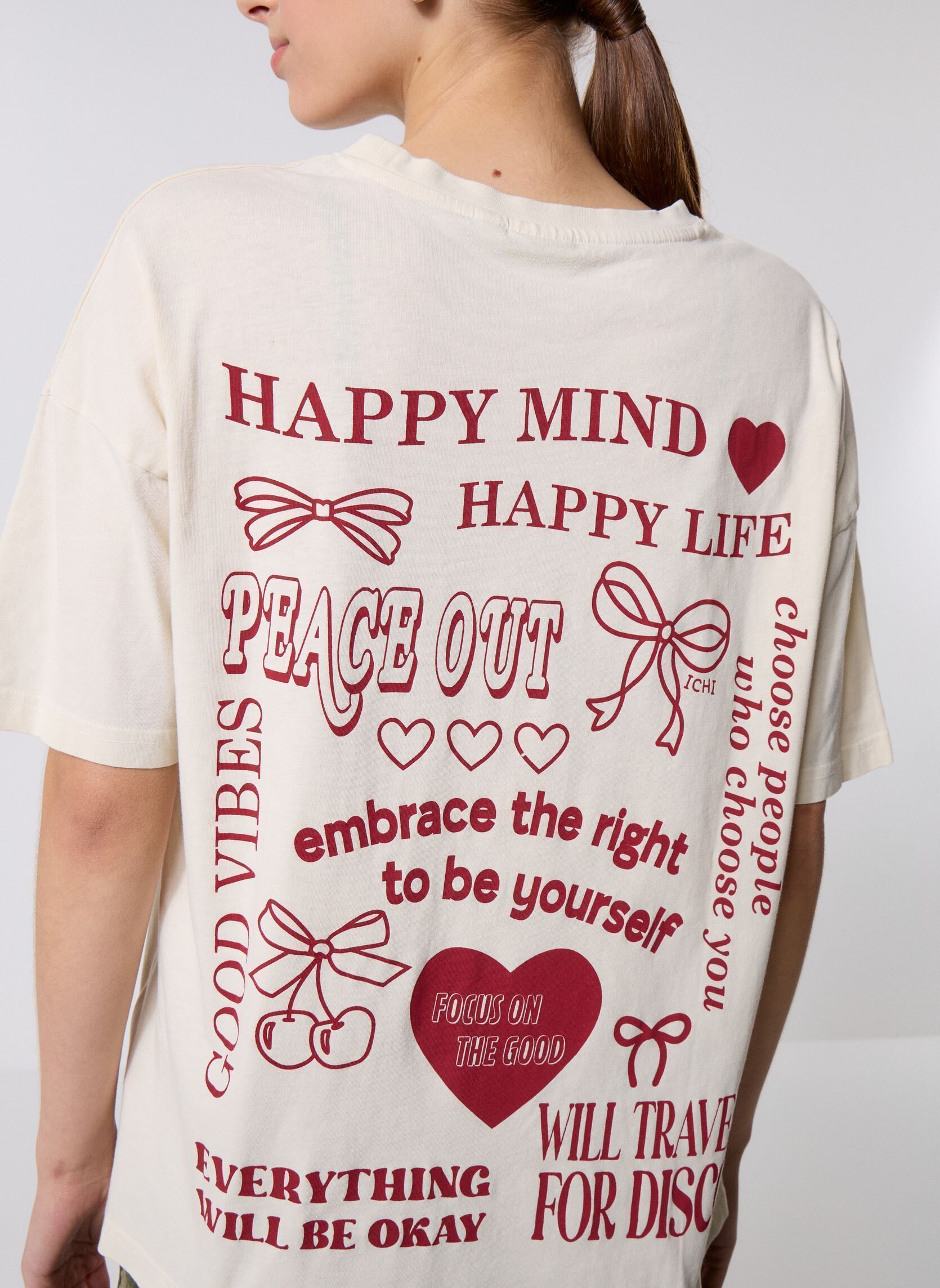 Tee-shirts manches courtes IHNABINO SS6 femme blanc Ichi Tee-shirts manches courtes IHNABINO SS6 femme blanc Birch/Red Dahlia