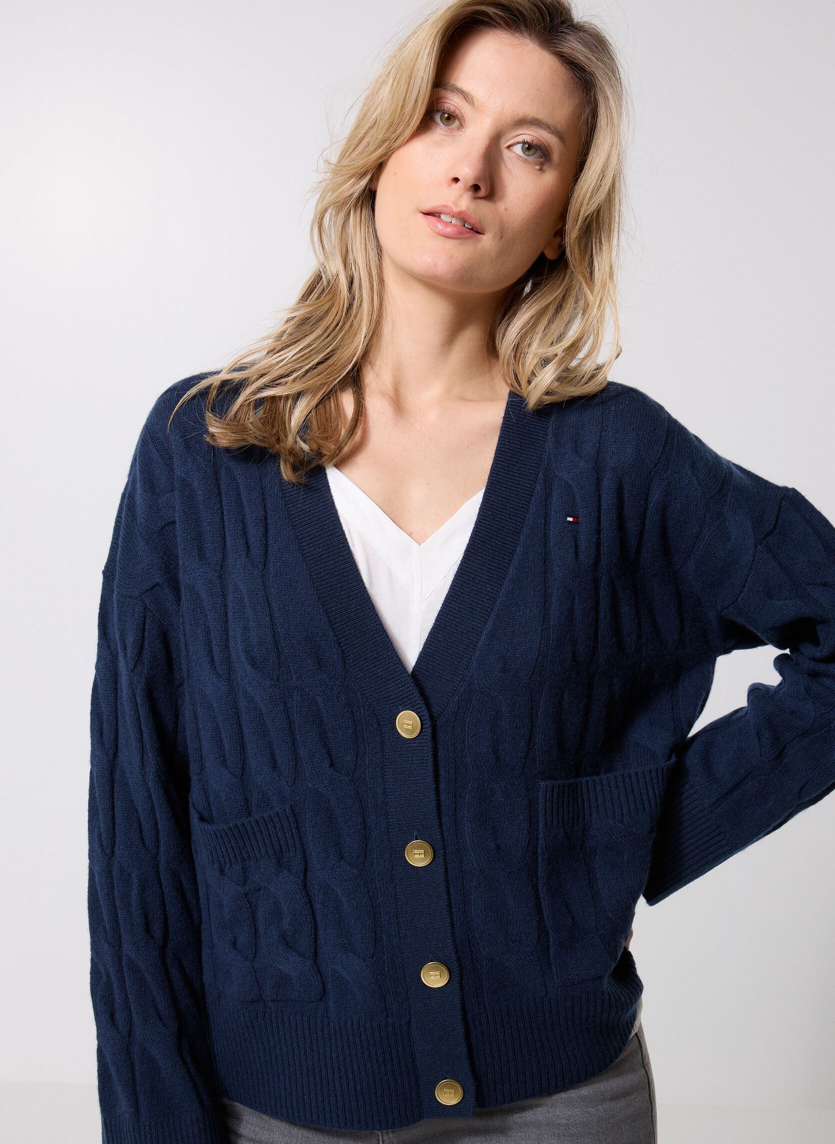 Vêtements Tommy Hilfiger Soft Wool Cable V Nk WW0WW43089 pour Femme