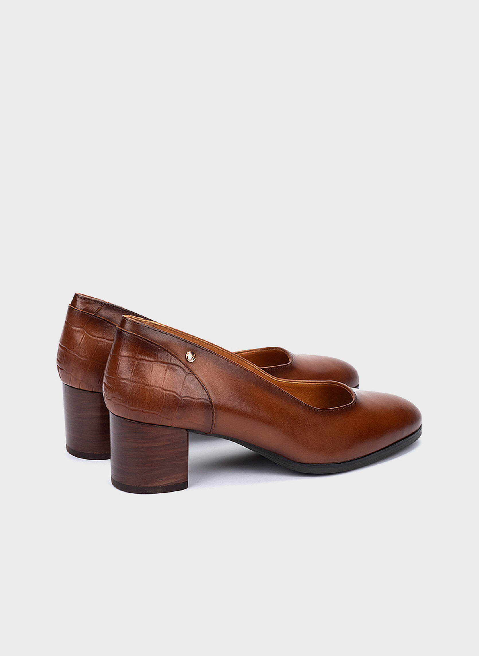 Chaussures semelle bois à talon Femme en cuir cognac