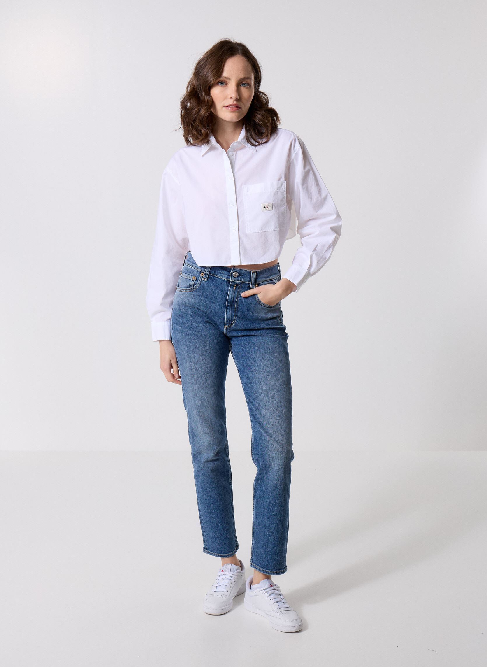 Lange mouw overhemden Woven Label Cropped J20J225078 dames wit Calvin Klein Jeans Lange mouw overhemden Woven Label Cropped J20J225078 dames wit BRIGHT WHITE