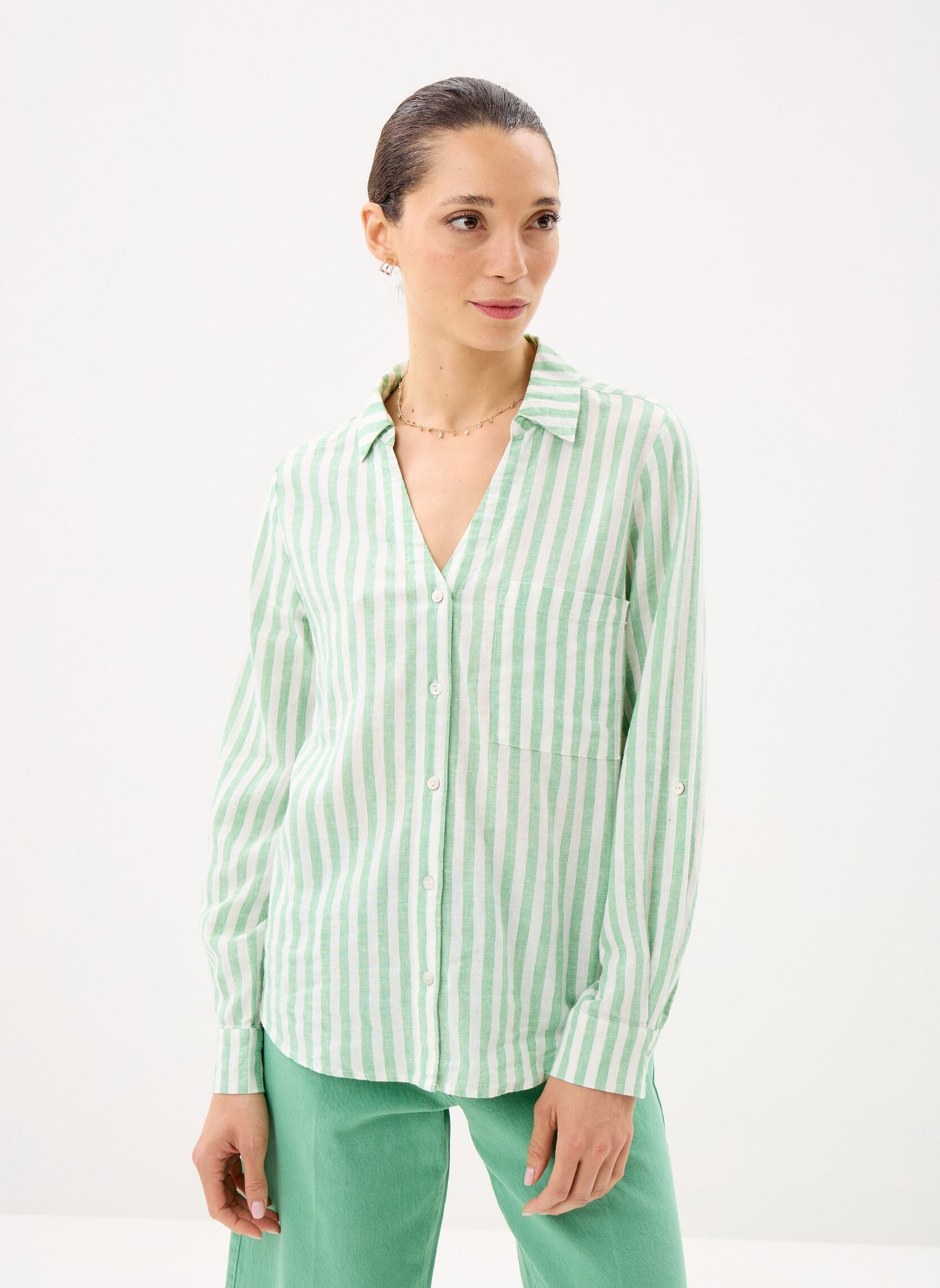 Chemises manches longues CHEMISE-LIN rayures 2 femme vert MADE BY Chemises manches longues CHEMISE-LIN rayures 2 femme vert RAY-BASILIN-G