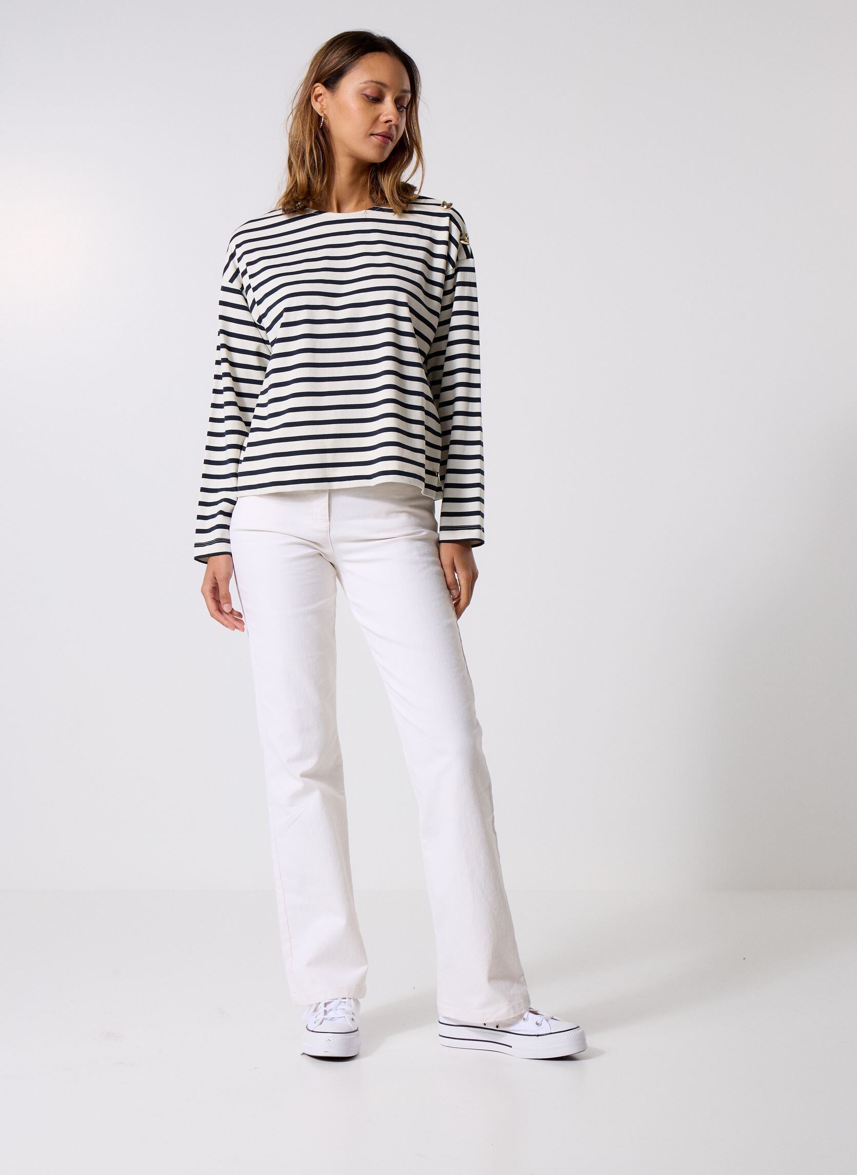 Tee-shirts manches longues Filoute femme blanc Des Petits Hauts Tee-shirts manches longues Filoute femme blanc Ecru/Marine