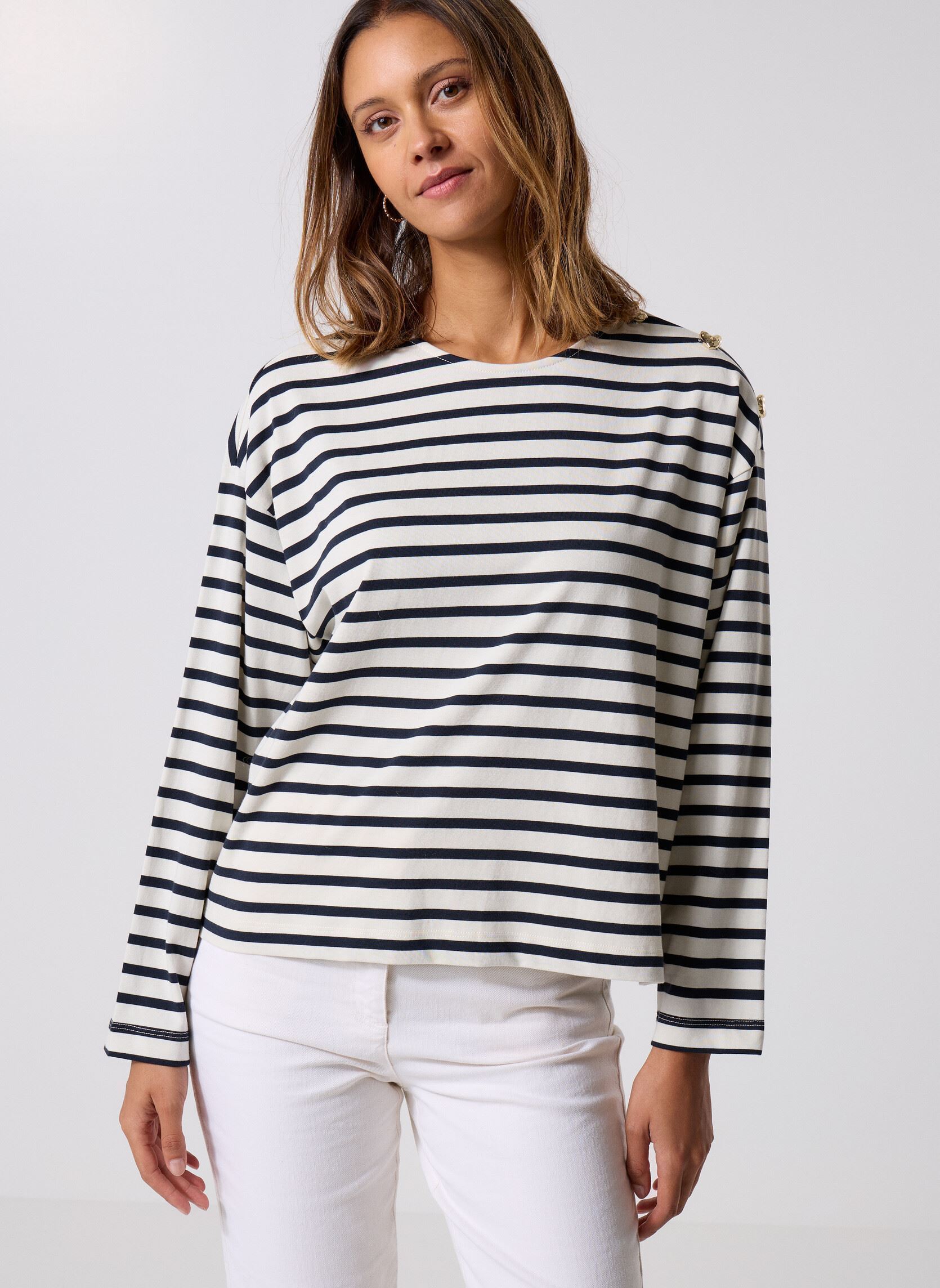 Tee-shirts manches longues Filoute femme blanc Des Petits Hauts Tee-shirts manches longues Filoute femme blanc Ecru/Marine