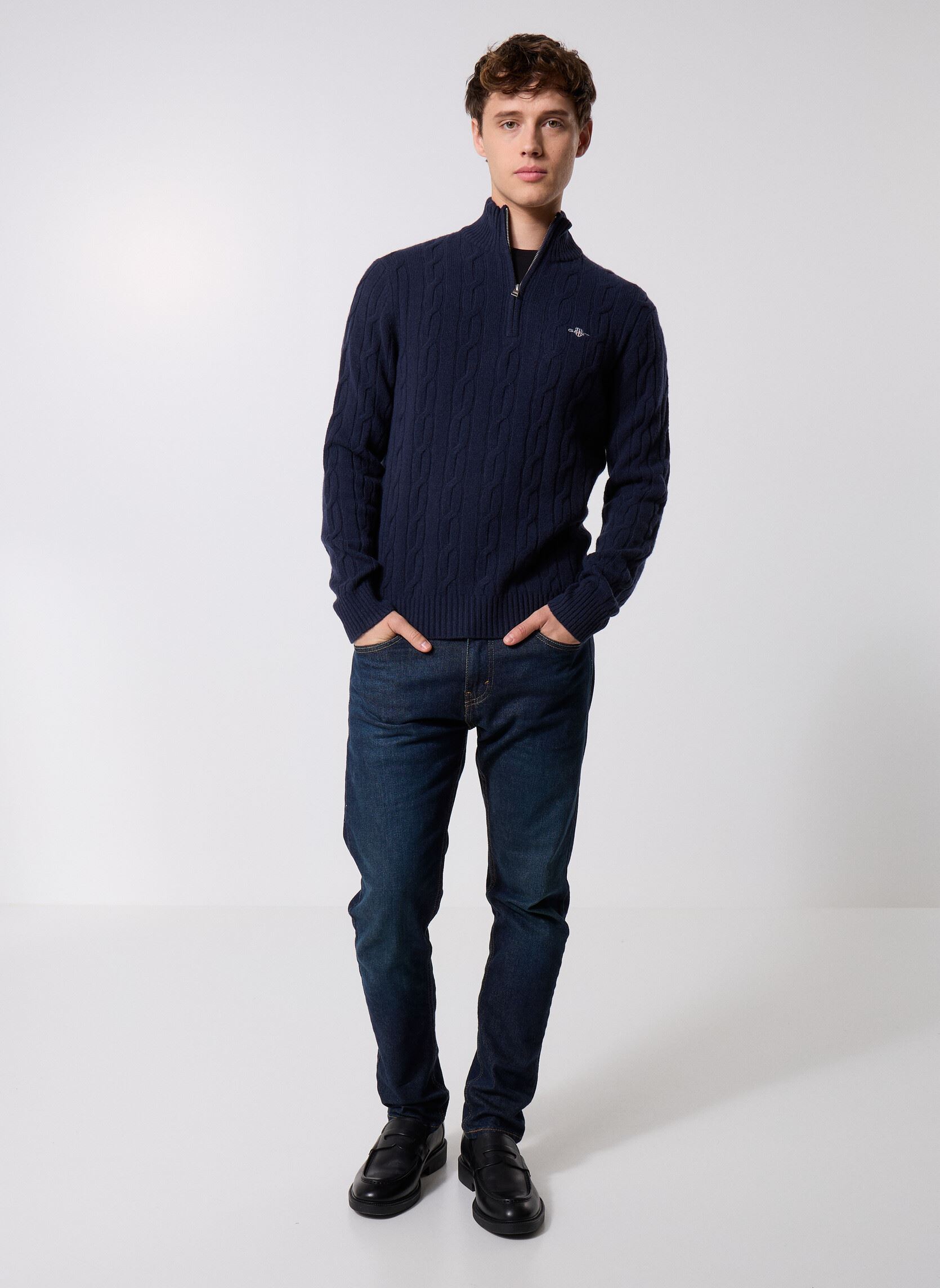 Pulls Lambswool Cable Half Zip homme bleu GANT Pulls Lambswool Cable Half Zip homme bleu EVENING BLUE