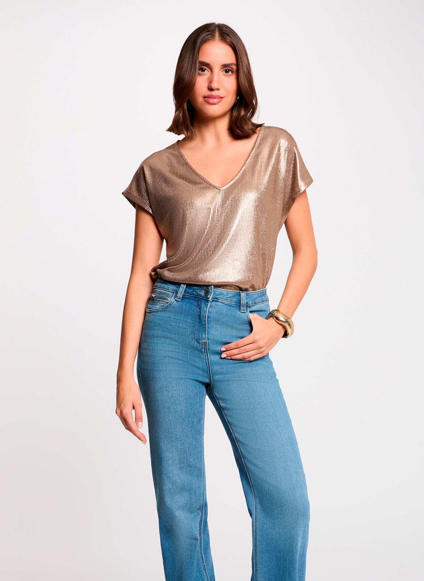 T shirt col v côtelé couleur femme - vue 2