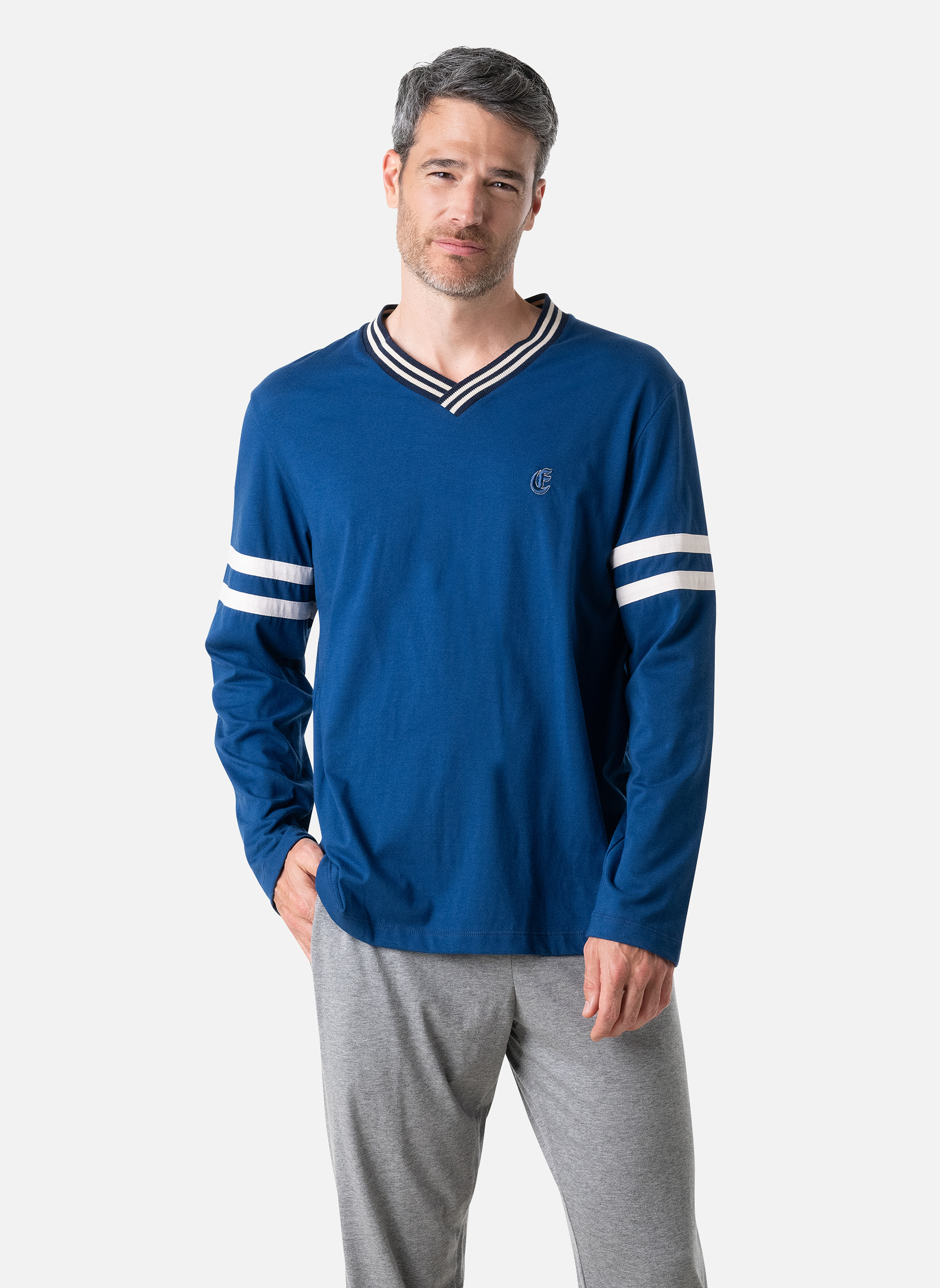 Pyjama long col V homme Business Eminence bleu en coton Eminence | 3