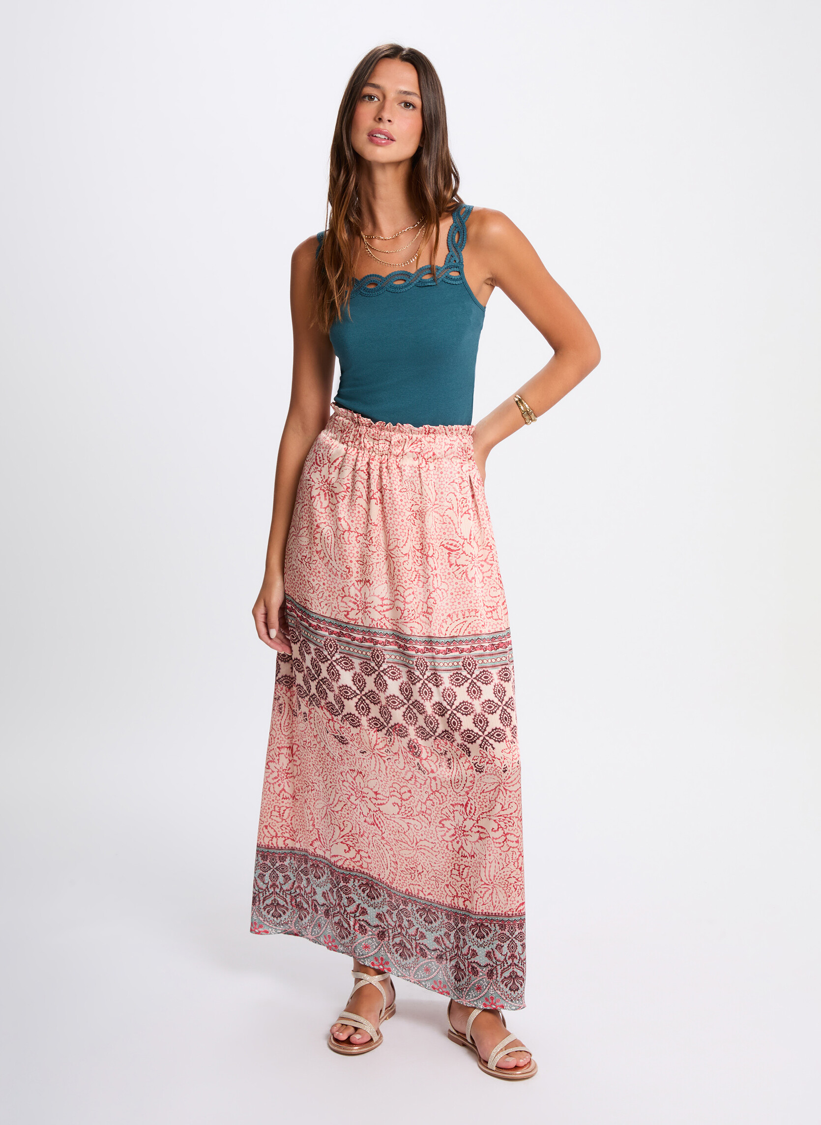 Jupe mi-longue avec sequins all-over Femme, Rouge | Milano