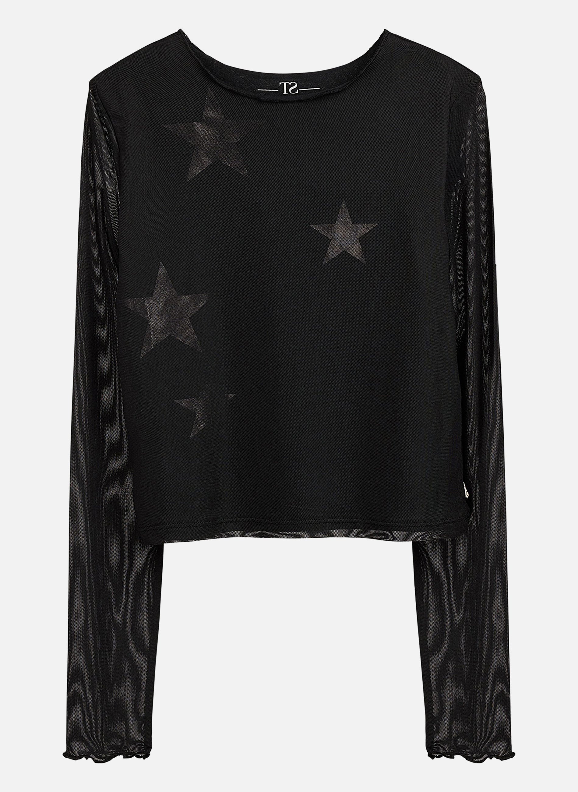 Crop top en résille noire à manches longues | FR
