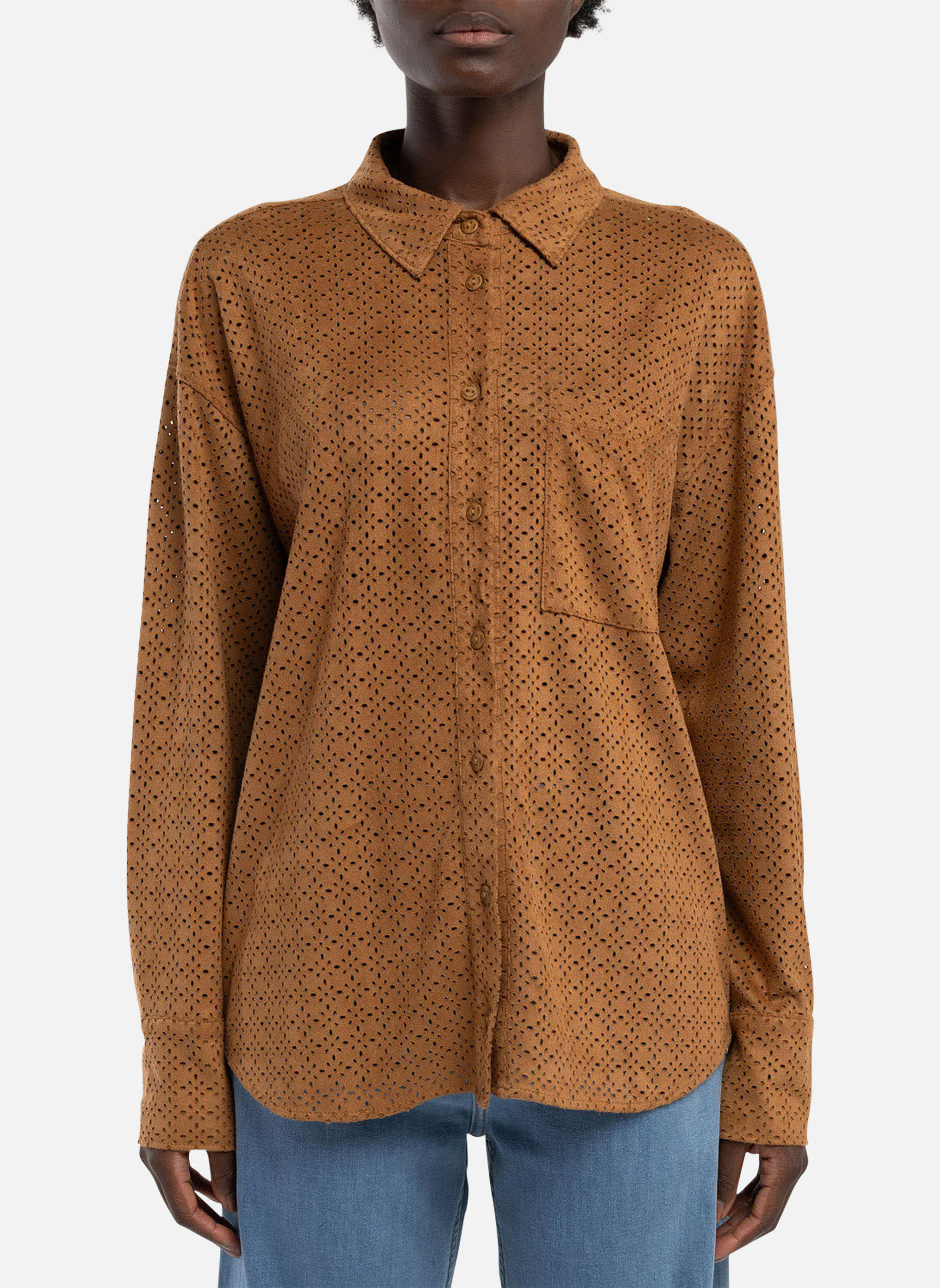Chemise Homme Trust En Daim – Taille XL, Marron, Manches Longues, Poche Poitrine