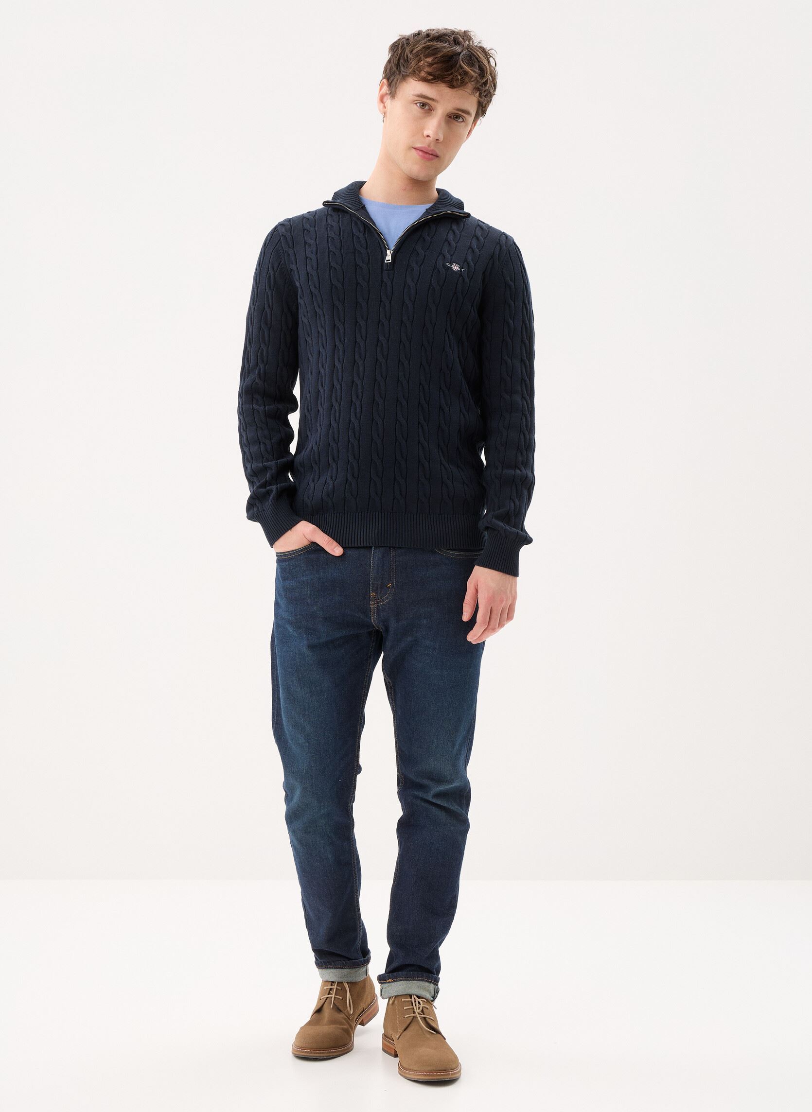 Truien Cotton Cable Half Zip heren blauw GANT Truien Cotton Cable Half Zip heren blauw EVENING BLUE