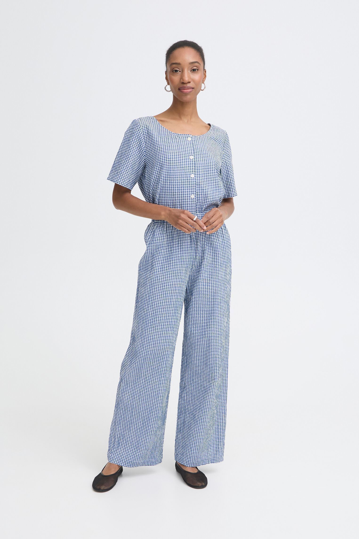 Pantalons larges Ihjilma Pa femme bleu Ichi Pantalons larges Ihjilma Pa femme bleu SODALITE BLUE/WHITE CHECK