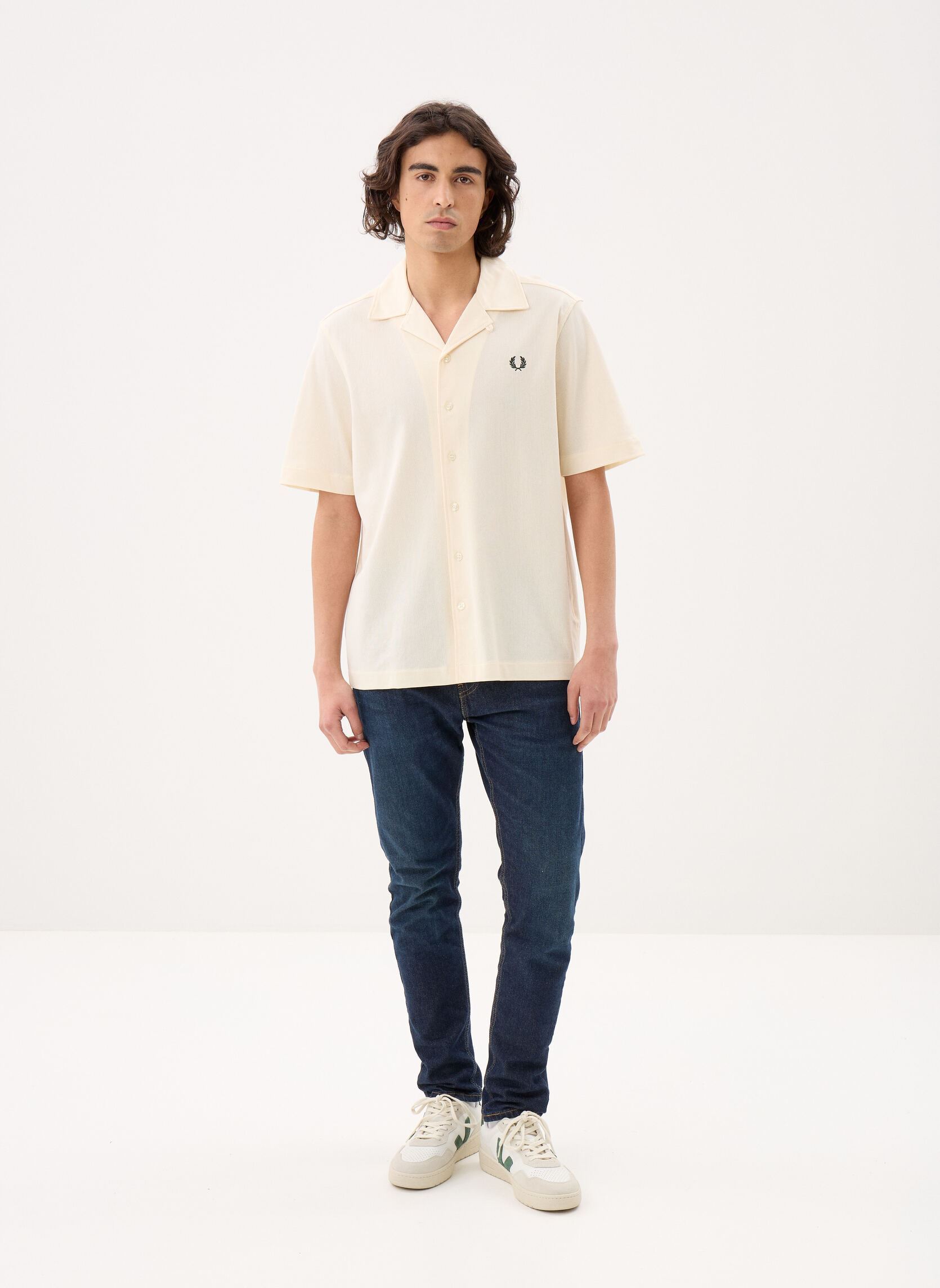 Chemises Compress Mesh Revere Collar Sh homme blanc Fred Perry Chemises Compress Mesh Revere Collar Sh homme blanc Ecru