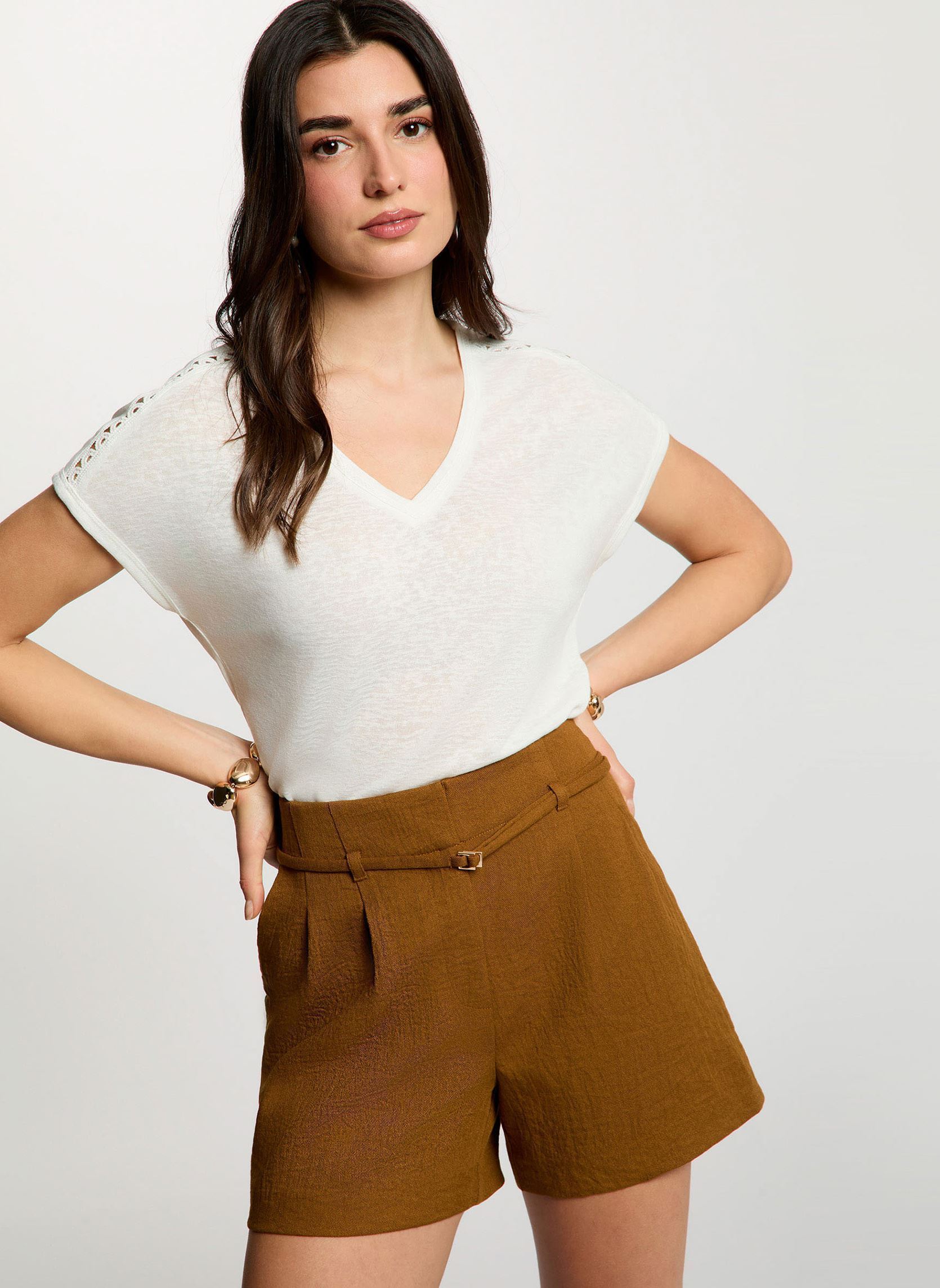 Short taille haute camel femme