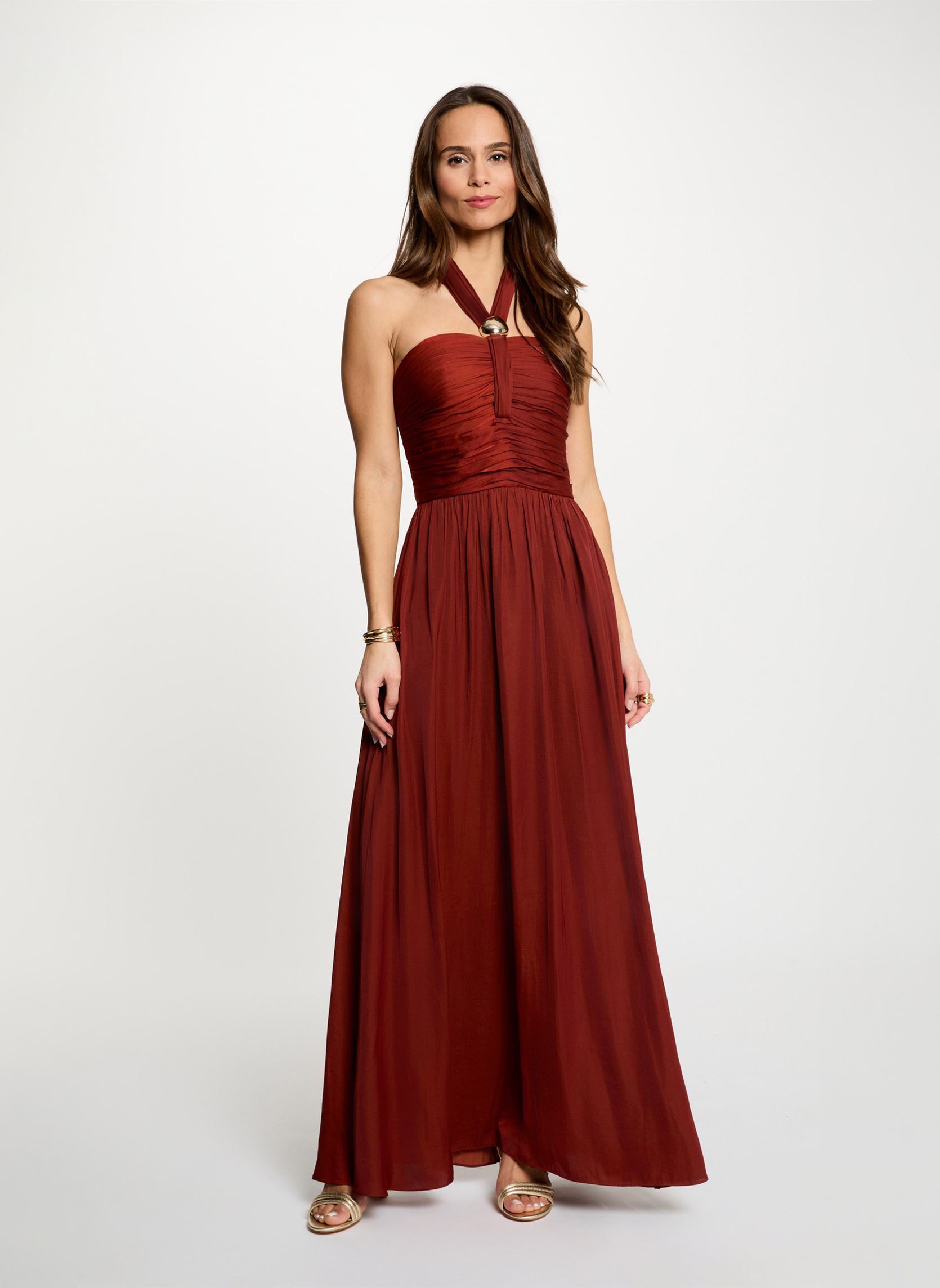 Robe longue col noué cognac femme