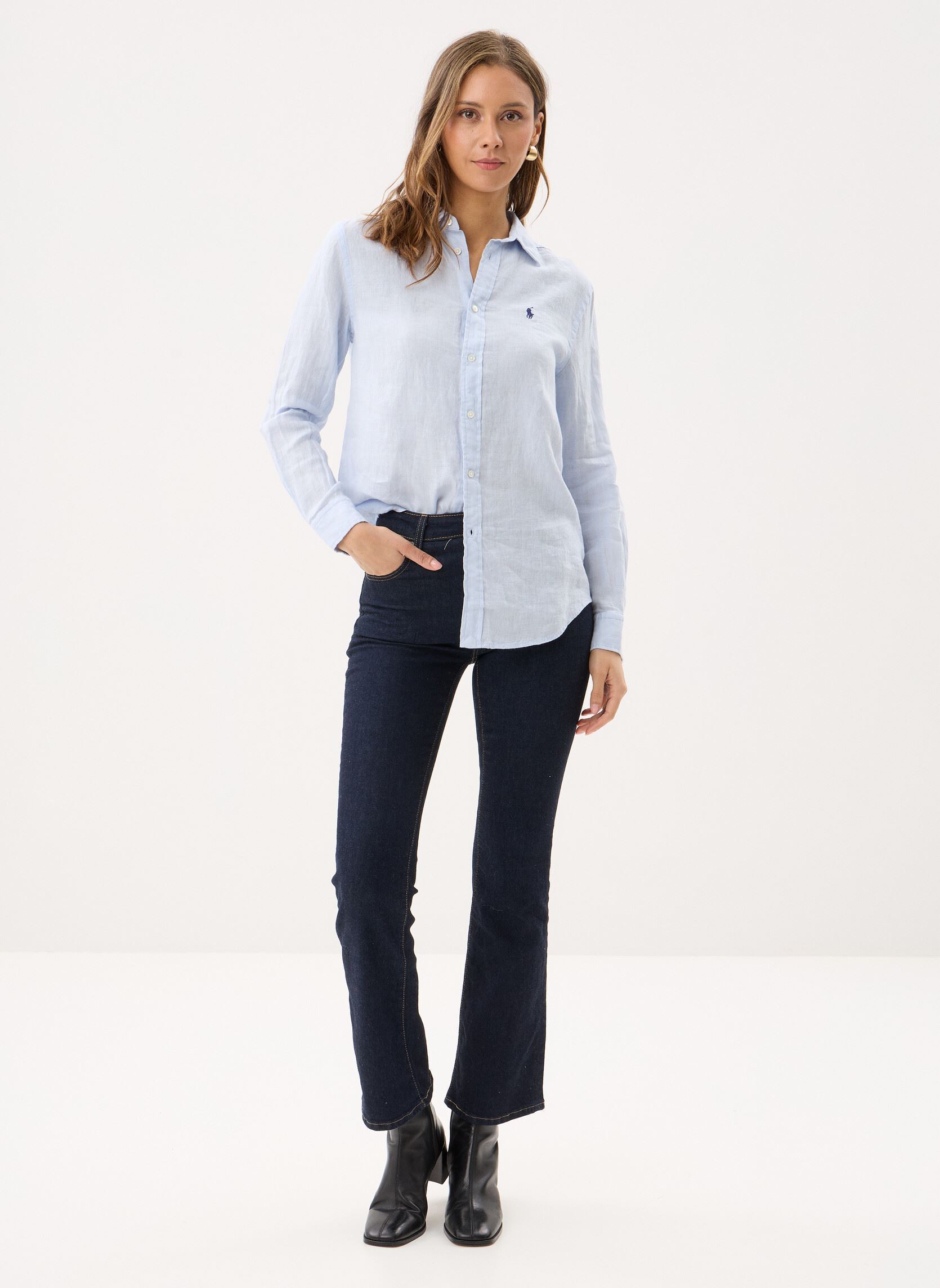 Chemises manches longues Chemise classique en lin femme bleu Polo Ralph Lauren Chemises manches longues Chemise classique en lin femme bleu Oxford Blue