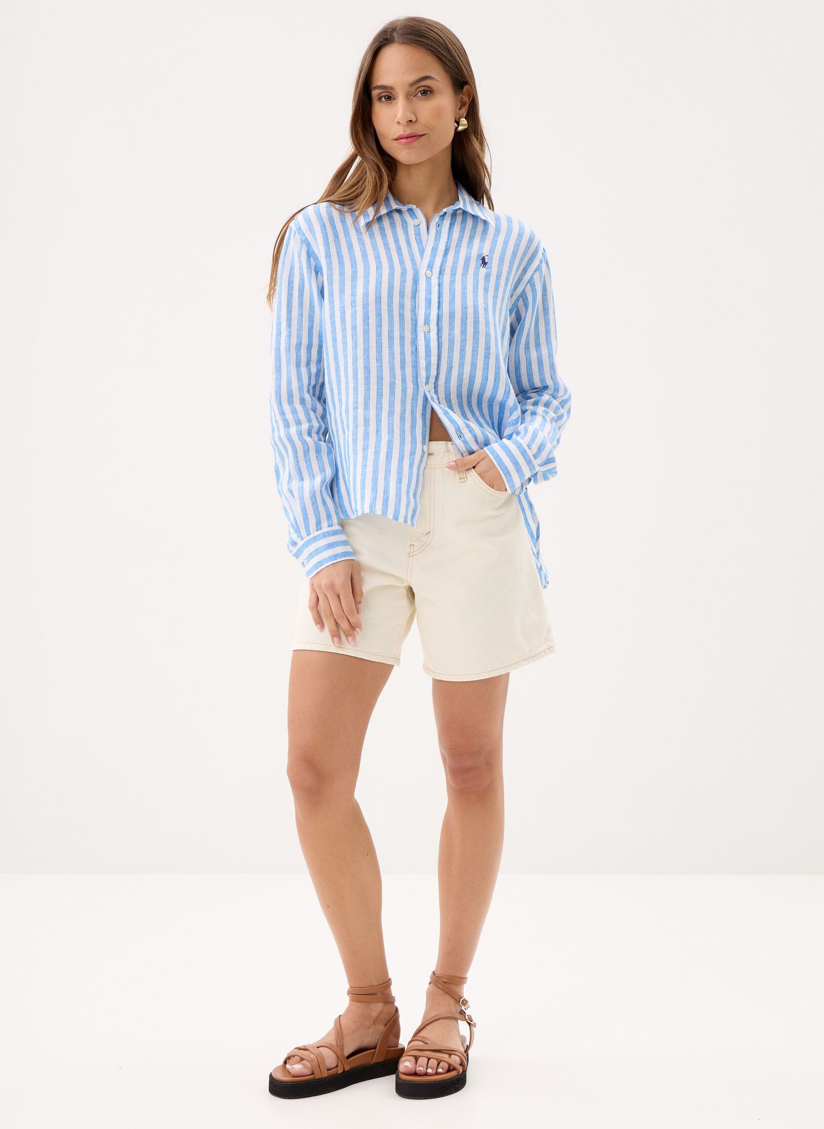 Lange mouw overhemden Chemise en lin Cropped fit dames blauw Polo Ralph Lauren Lange mouw overhemden Chemise en lin Cropped fit dames blauw 1993 WHITE BLUE MULTI