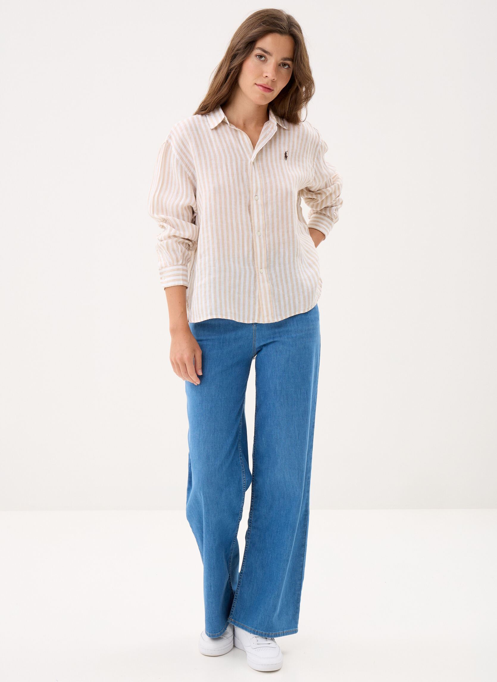 Chemises manches longues Chemise en lin Cropped fit femme blanc Polo Ralph Lauren Chemises manches longues Chemise en lin Cropped fit femme blanc 1323 DUNE TAN/WHITE