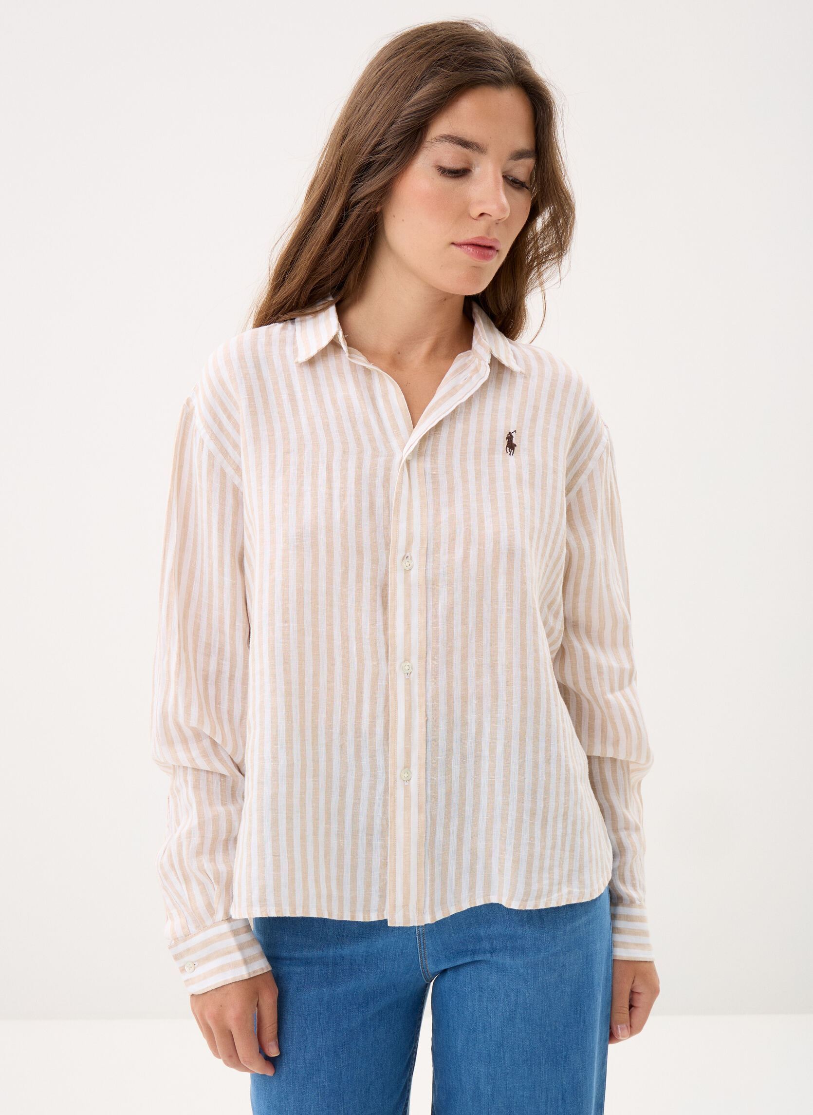 Chemises manches longues Chemise en lin Cropped fit femme blanc Polo Ralph Lauren Chemises manches longues Chemise en lin Cropped fit femme blanc 1323 DUNE TAN/WHITE