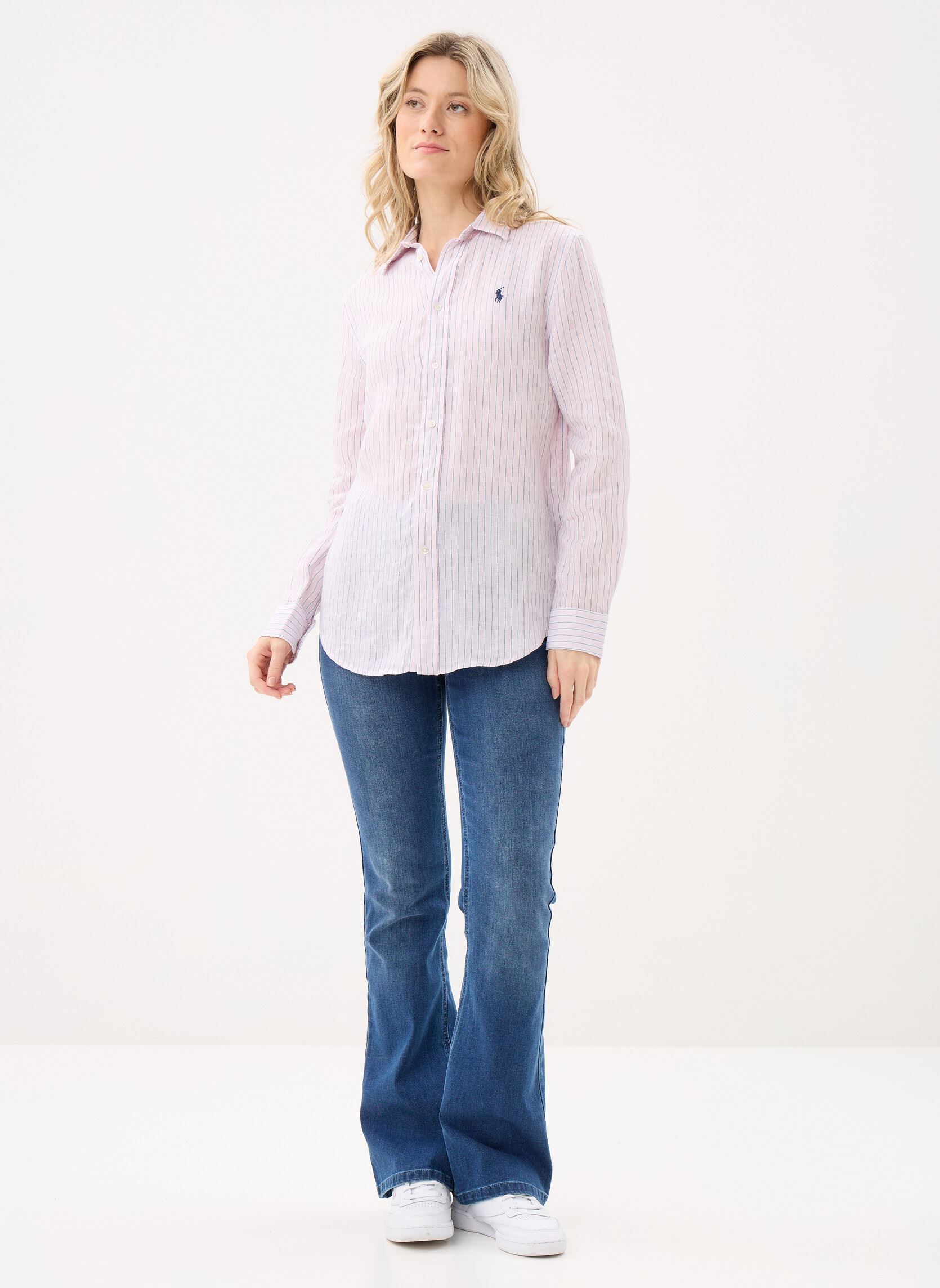 Chemises manches longues Chemise rayée classique en lin femme rose Polo Ralph Lauren Chemises manches longues Chemise rayée classique en lin femme rose 1994Af Hint Of Pink-White