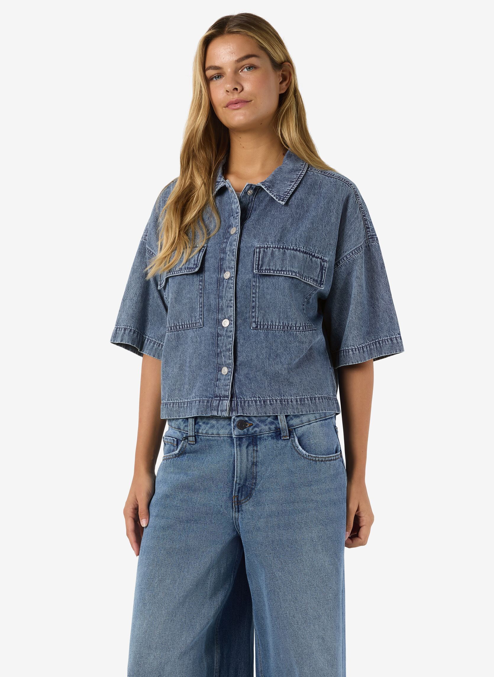 Kurzarm-Hemden Nmenza S/S Reg Crop Shirt Mg004Mb Noos damen blau Noisy May Kurzarm-Hemden Nmenza S/S Reg Crop Shirt Mg004Mb Noos damen blau Medium Blue Denim
