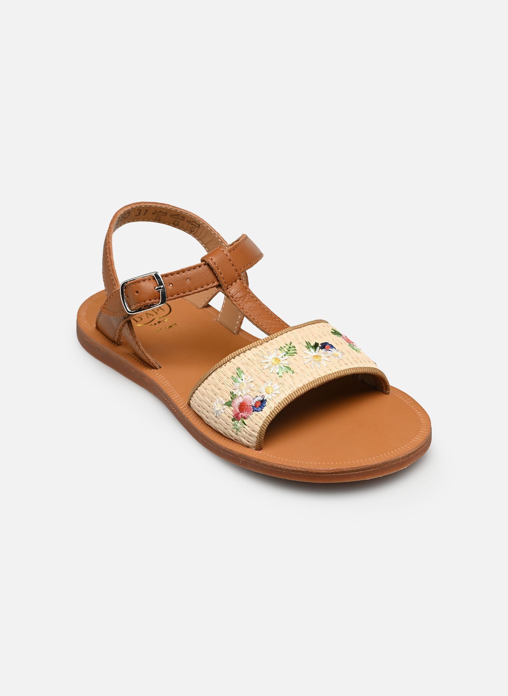 Sandales Plagette Raphia Brod fille marron Pom d Api Sandales Plagette Raphia Brod fille marron Crema-Cuero