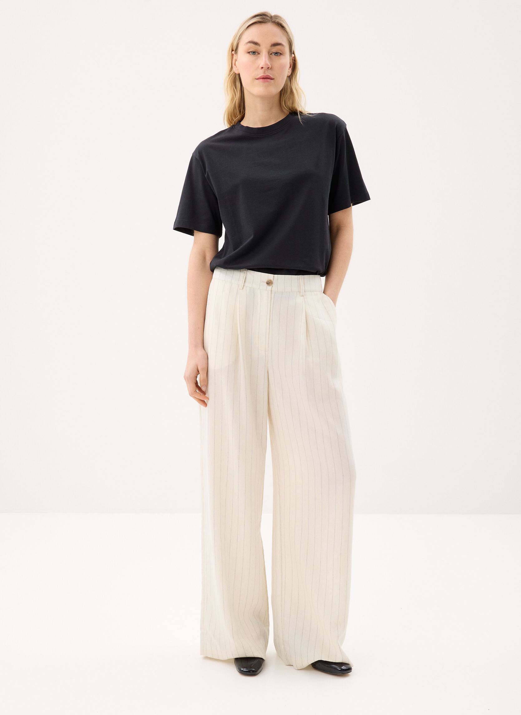 Weite Hosen PORTOCITY rayures damen beige MADE BY Weite Hosen PORTOCITY rayures damen beige IMP_FINERAYURE DOUBLENOIR_ECRU