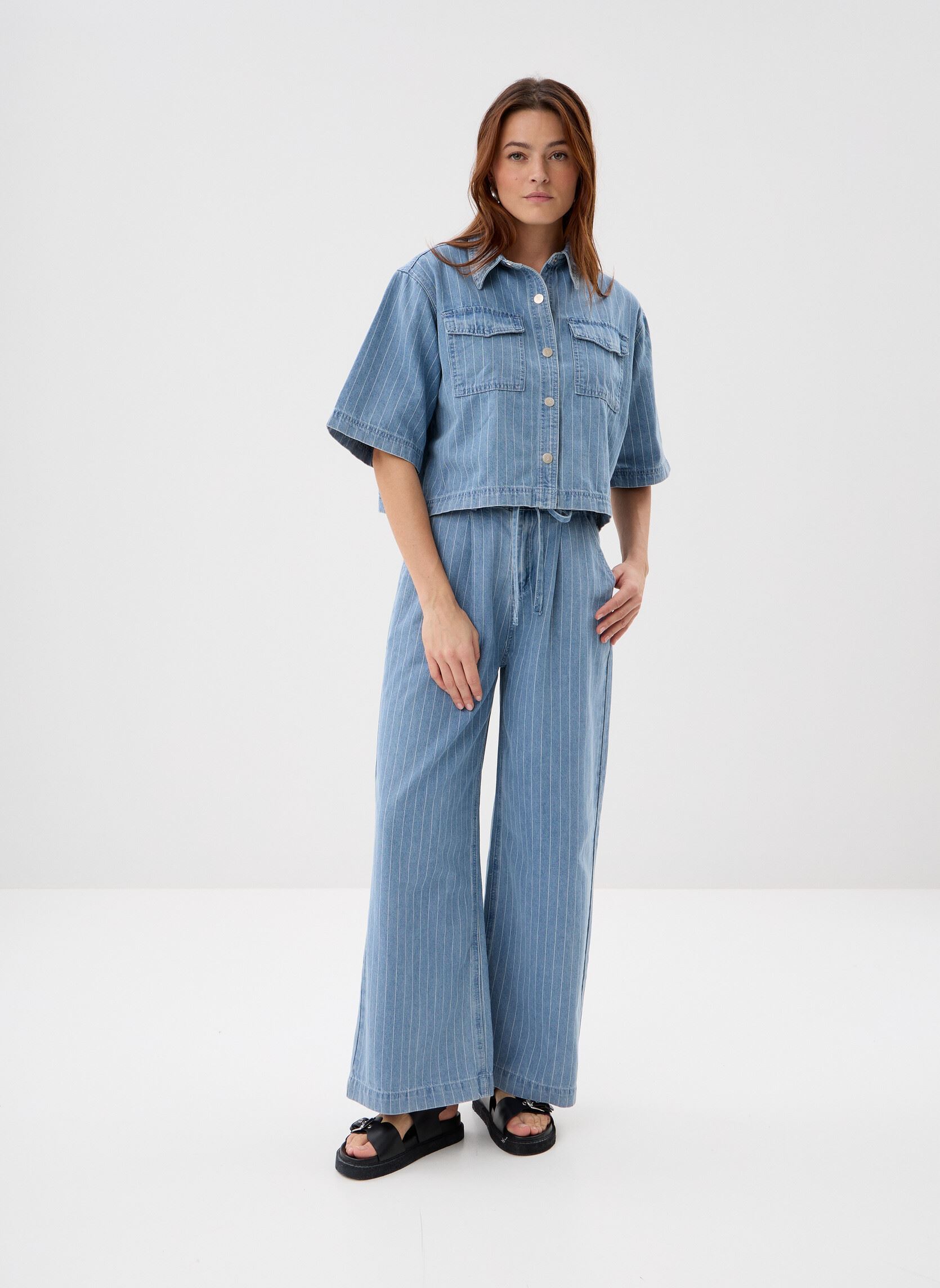 Korte mouw overhemden Vita dames wit Grace & Mila Korte mouw overhemden Vita dames wit Striped_Blue