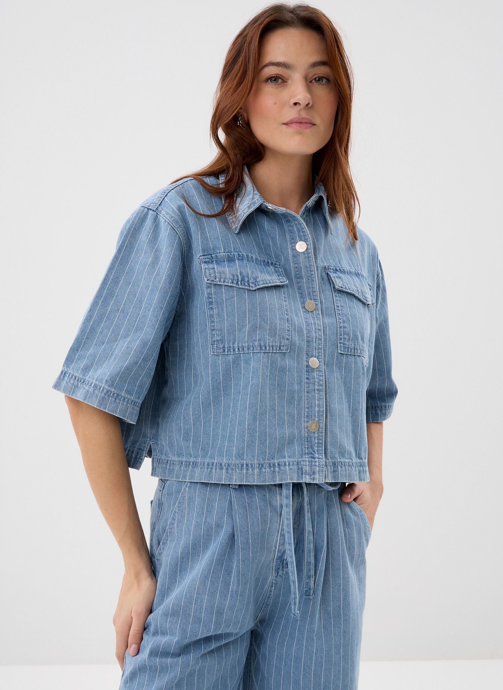 Korte mouw overhemden Vita dames wit Grace & Mila Korte mouw overhemden Vita dames wit Striped_Blue