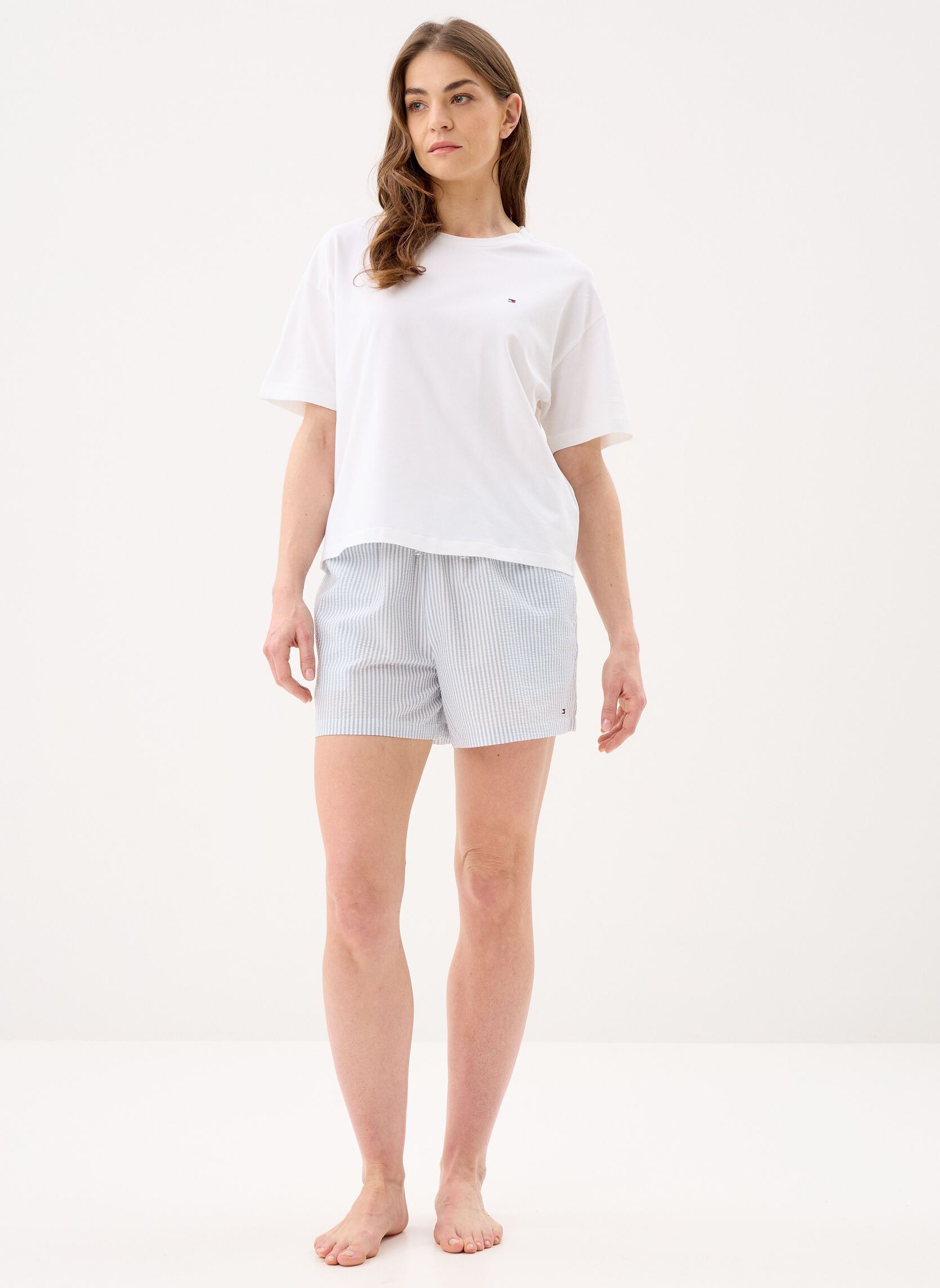 Kleding Jersey Tee Seersucke dames blauw Tommy Hilfiger Kleding Jersey Tee Seersucke dames blauw WHITE / ITHACA BRISK BLUE